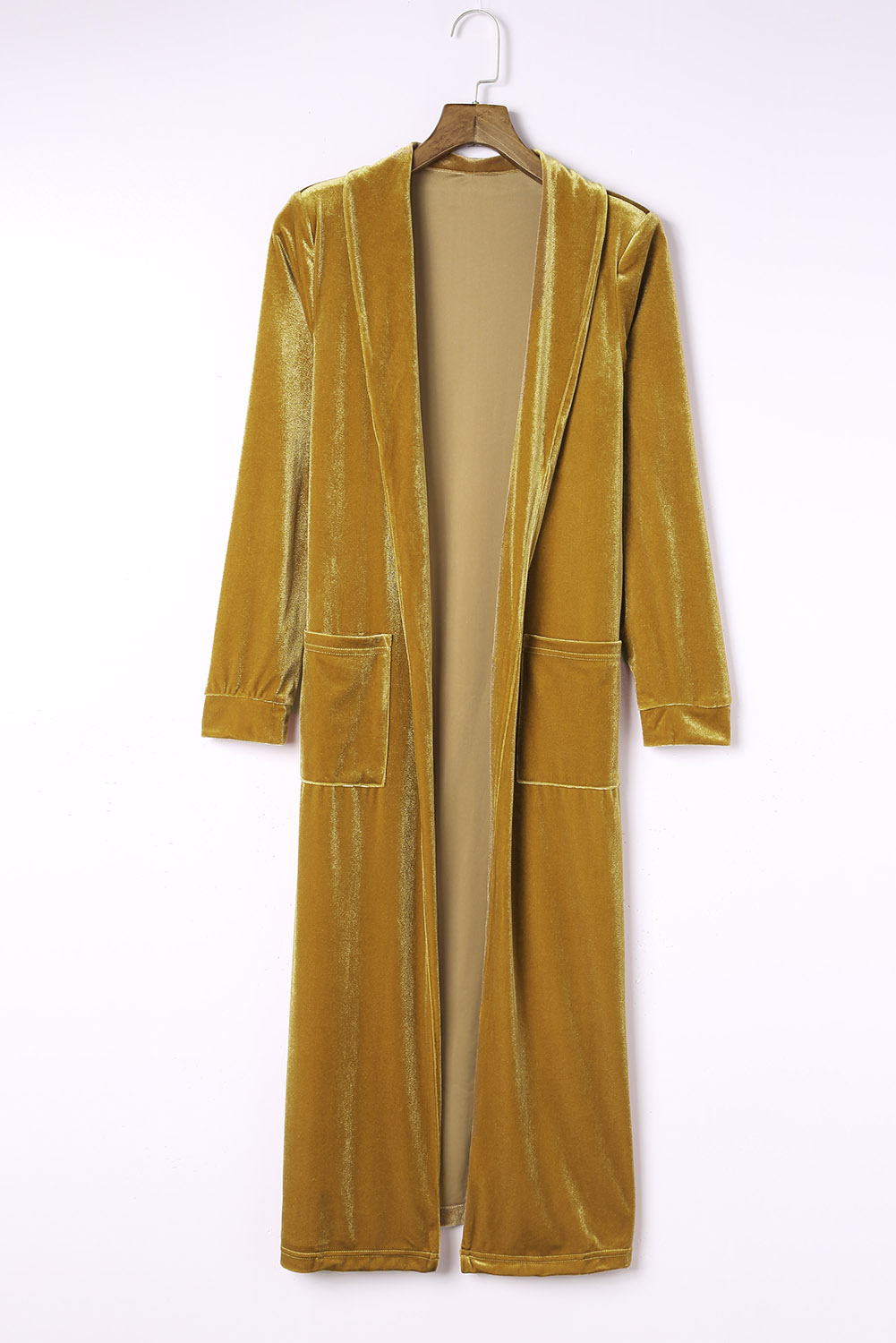 Yellow Velvet Open Front Pocketed Long Duster - loveforevers