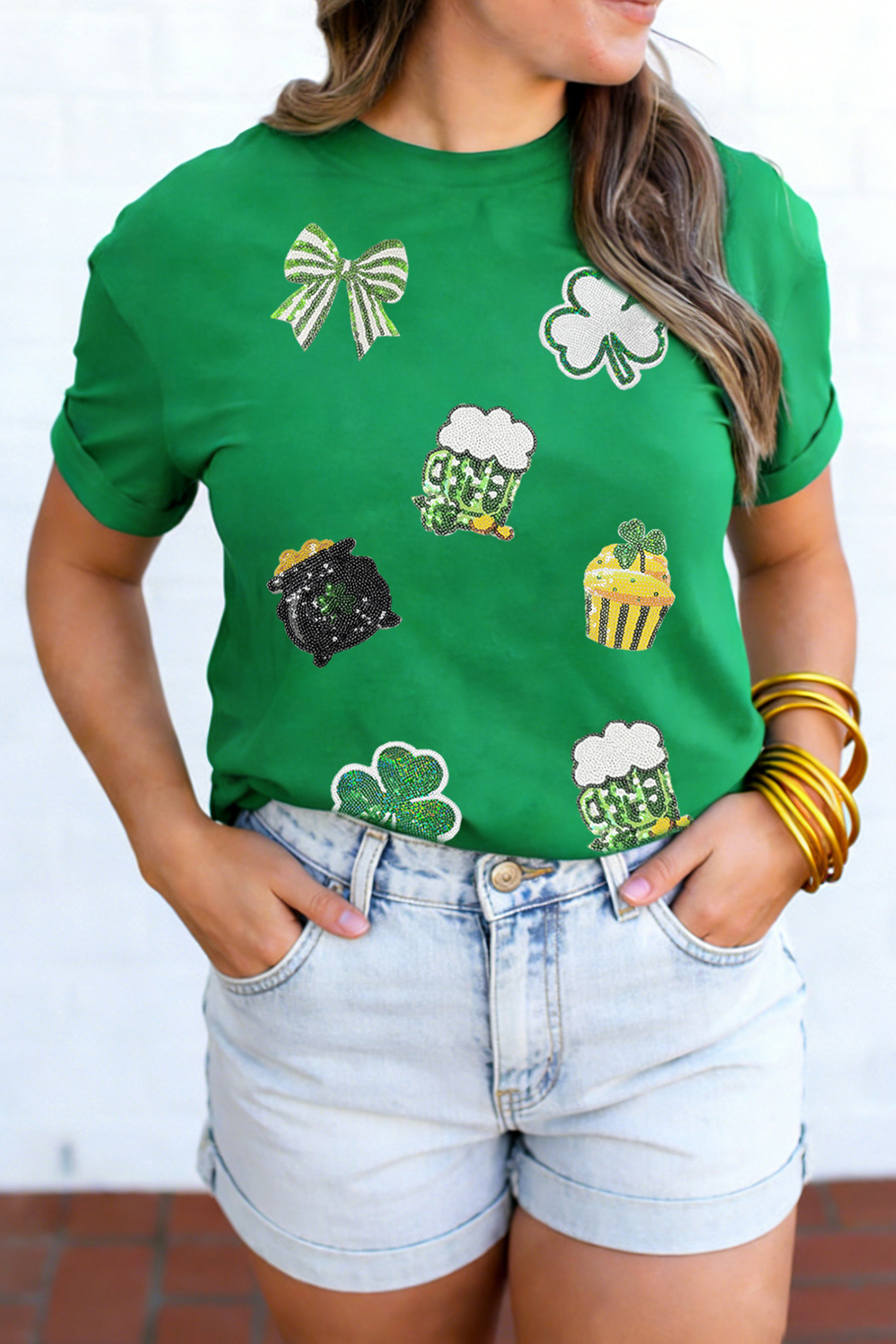 Bright Green Dainty Irish Fashion Sequin Graphic Tee - loveforevers