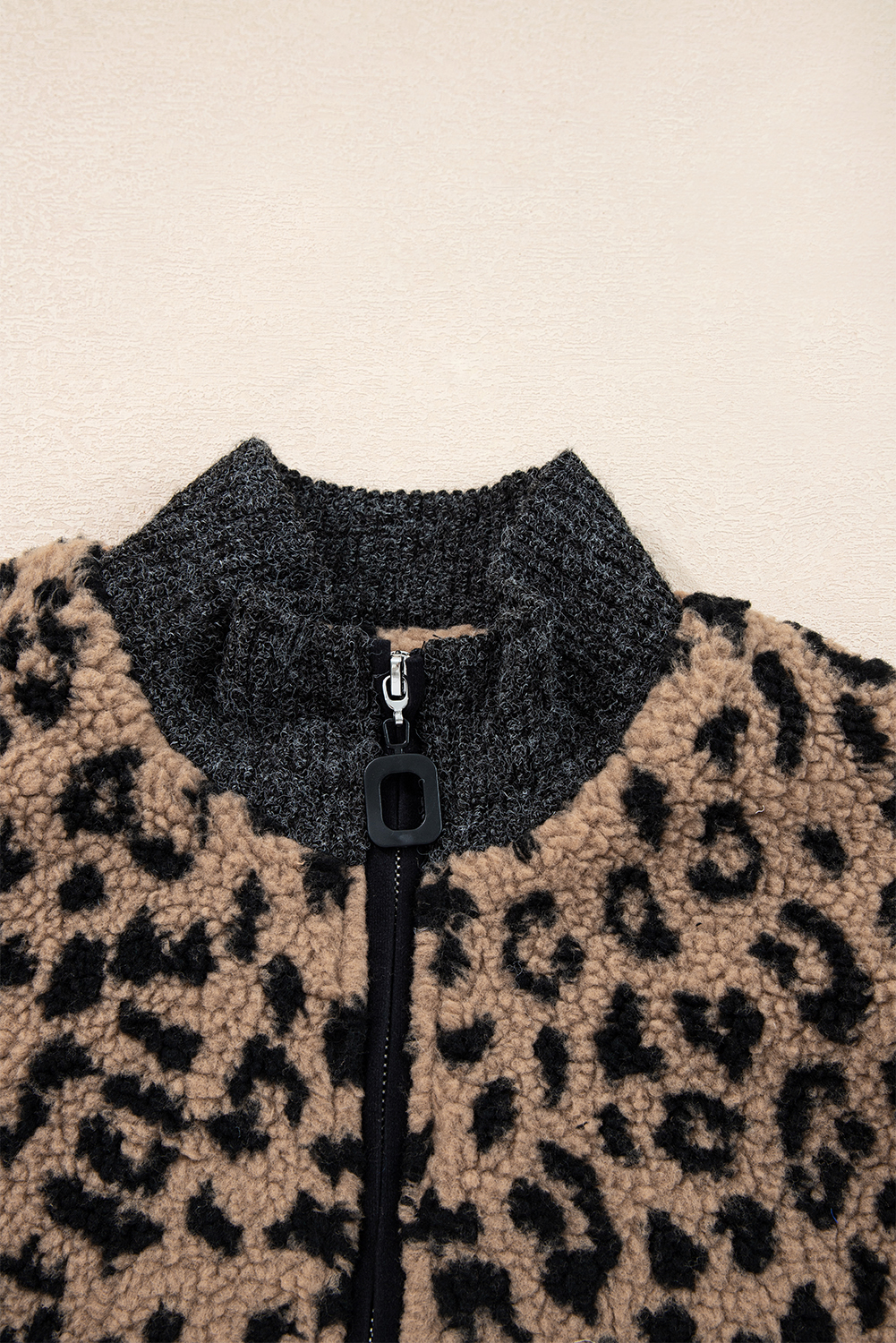 Khaki Leopard Print Zip Up Stand Neck Side Pocket Jacket - loveforevers