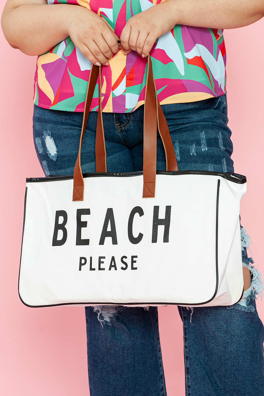 White BEACH PLEASE Print Large Canvas Tote Bag - loveforevers