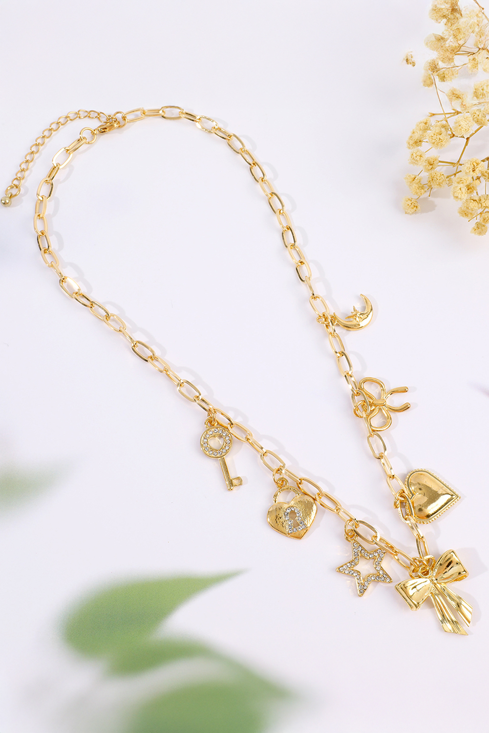 Gold Bow Heart Star Key Charm Alloy Adjustable Chain Necklace - loveforevers