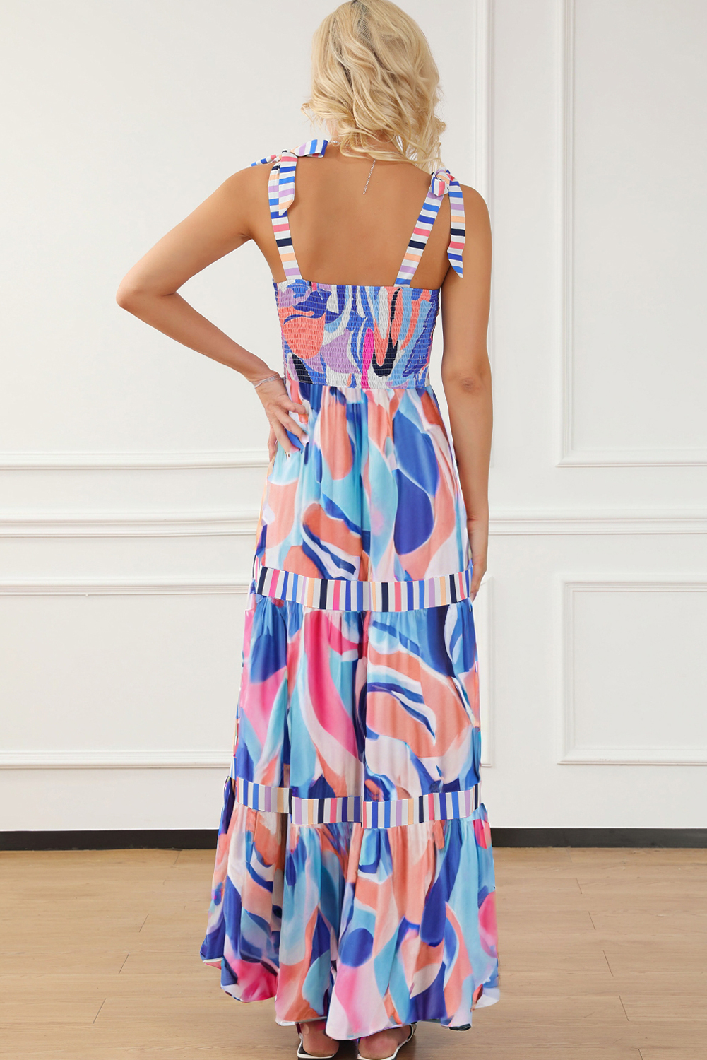 Sky Blue Abstract Print Striped Detail Knot Strap Maxi Dress - loveforevers