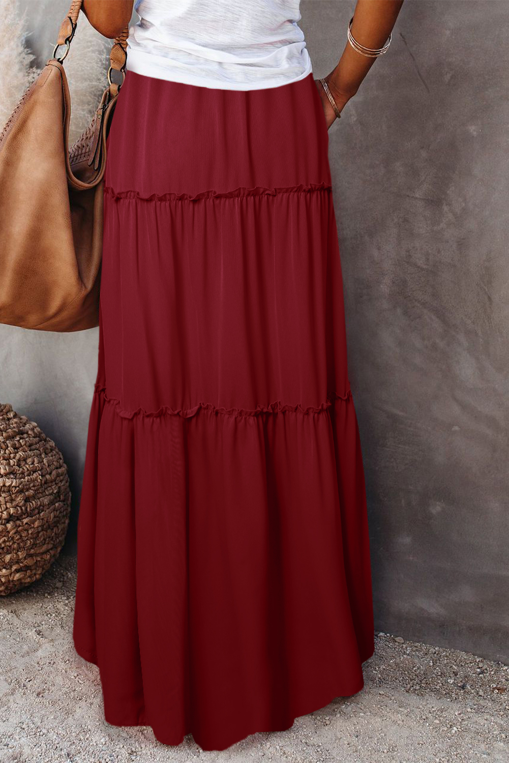 Fiery Red Black Frill Tiered Drawstring Waist Maxi Skirt - loveforevers