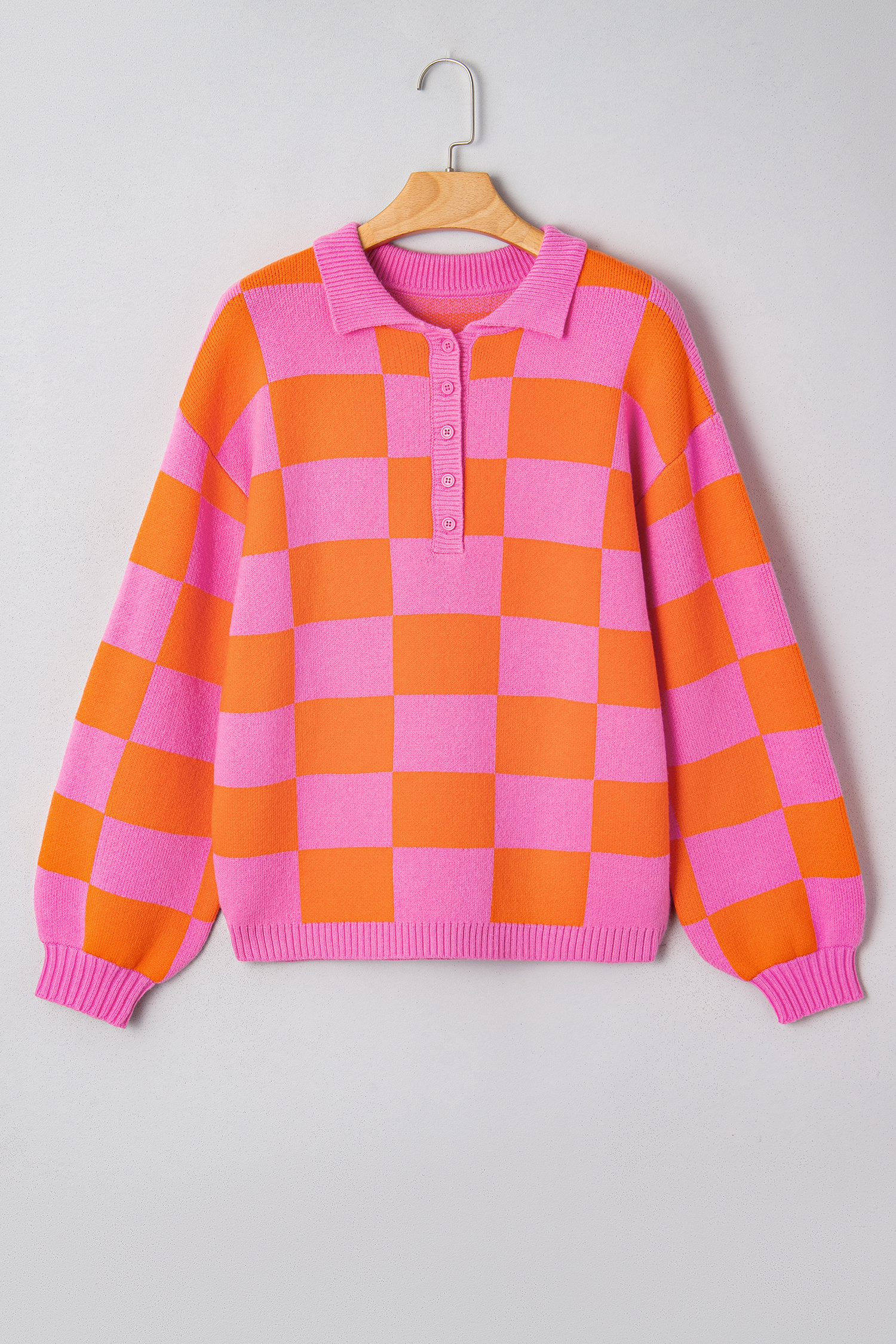 Sachet Pink Checkered Knit Polo Collar Baggy Sweater - loveforevers