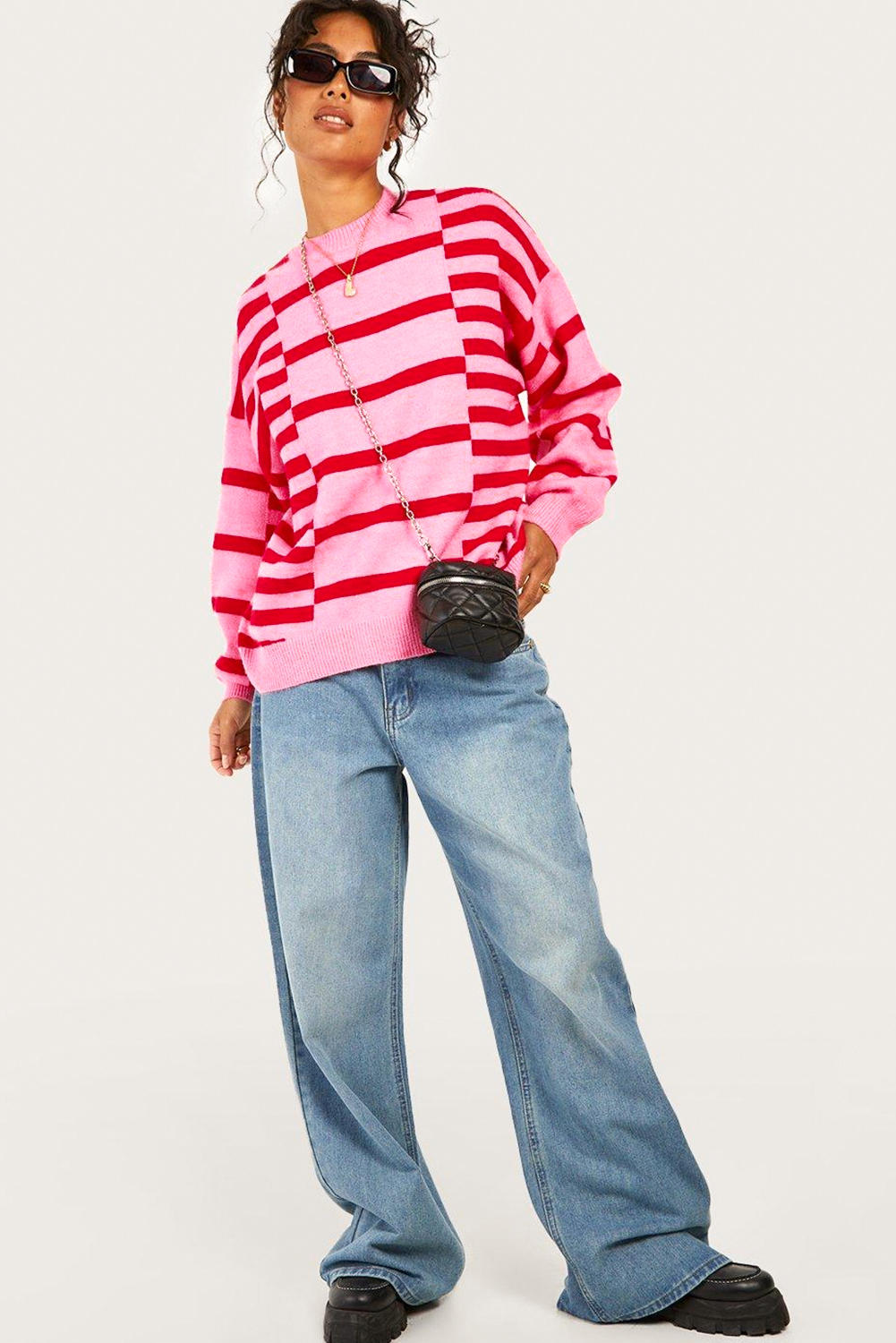 Pink Stripe Bubble Sleeve Drop Shoulder Ribbed Trim Sweater - loveforevers