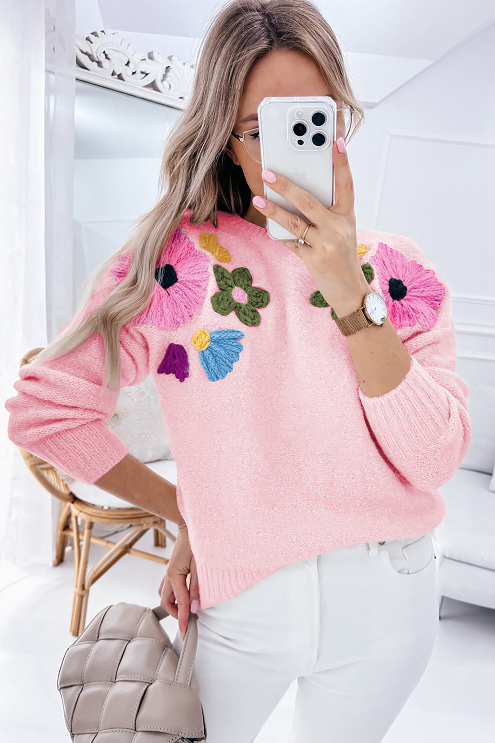 Pink Knitted Flower Pattern Ribbed Edge Sweater - loveforevers