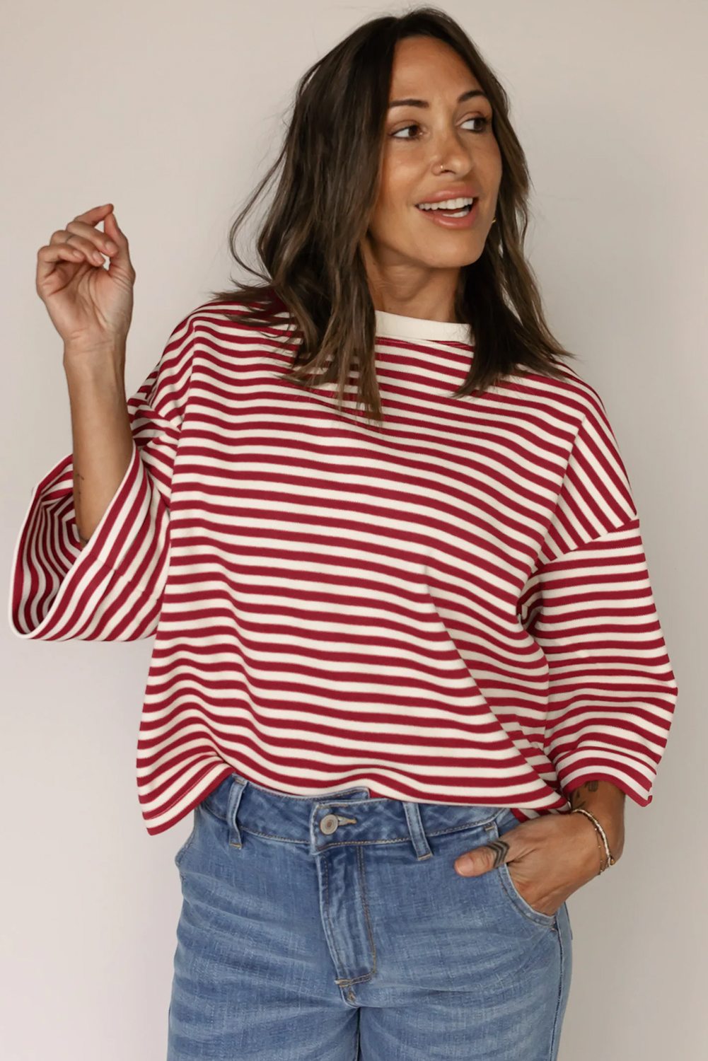 Red Stripe Bowknot Cutout Back Drop Shoulder Wide Bracelet Sleeve Loose Tee - loveforevers