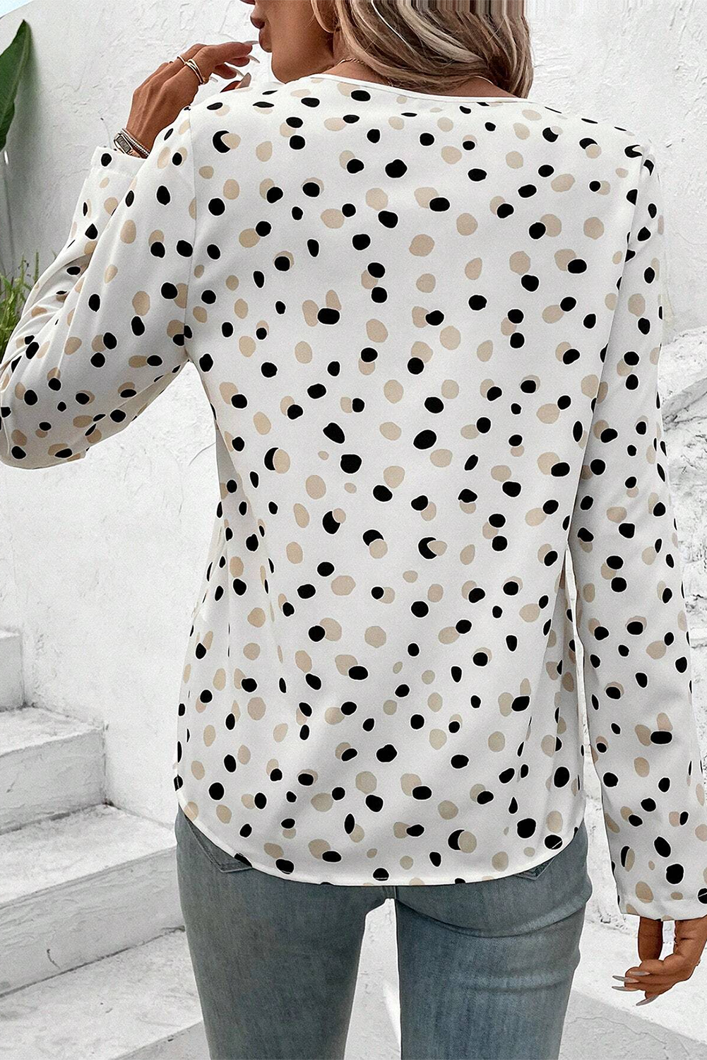 Green Polka Dot Print Button Front V Neck Blouse - loveforevers