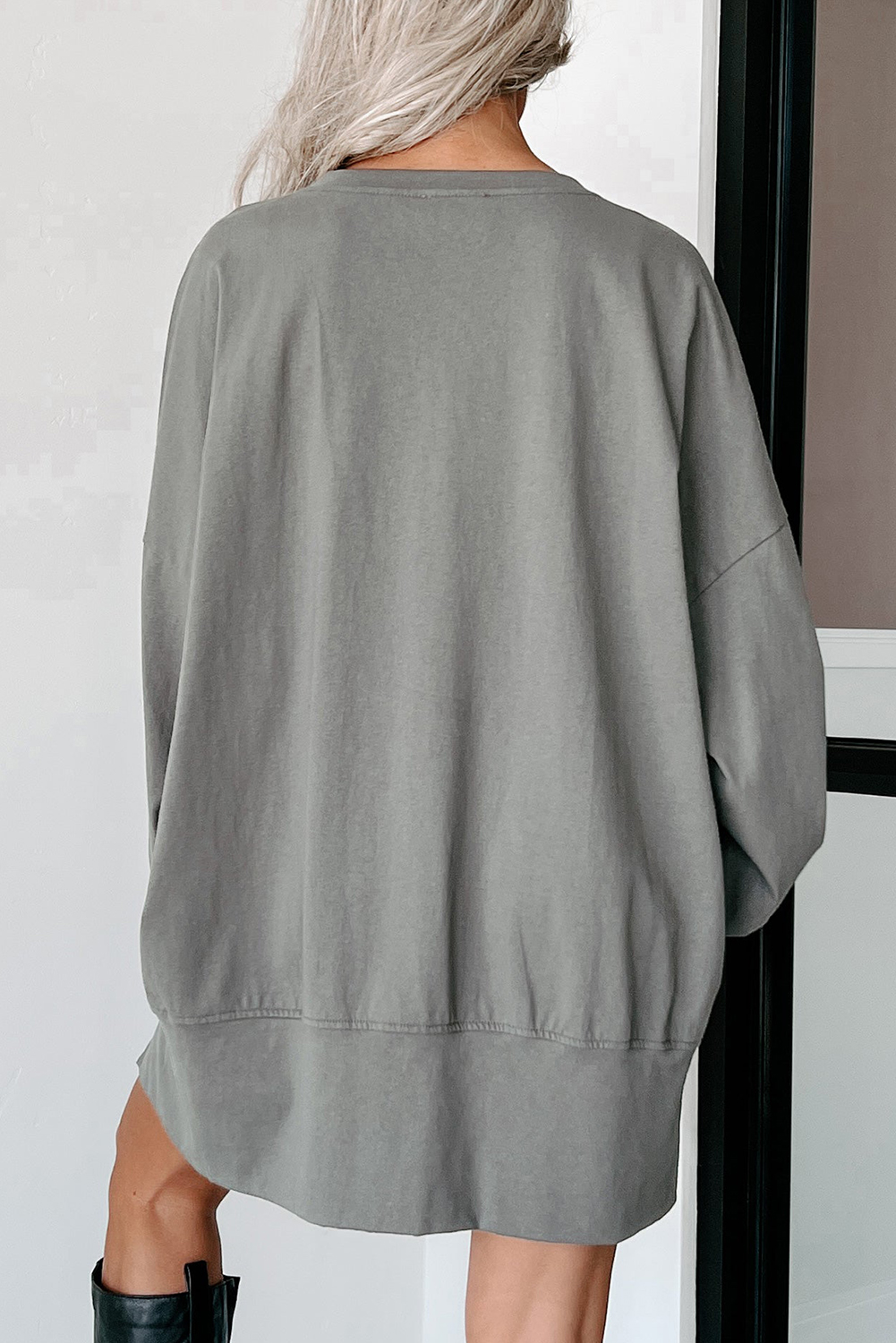 Medium Grey Sequin Happy Halloween Graphic Notched Neck Long Sleeve Loose Top - loveforevers