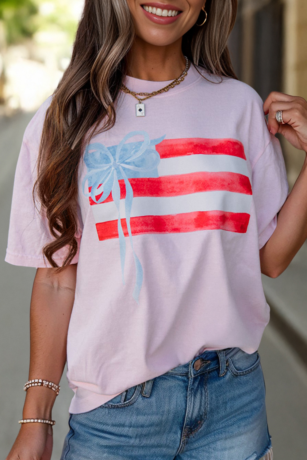 Myosotis Flag Bow Graphic Crewneck Tee - loveforevers