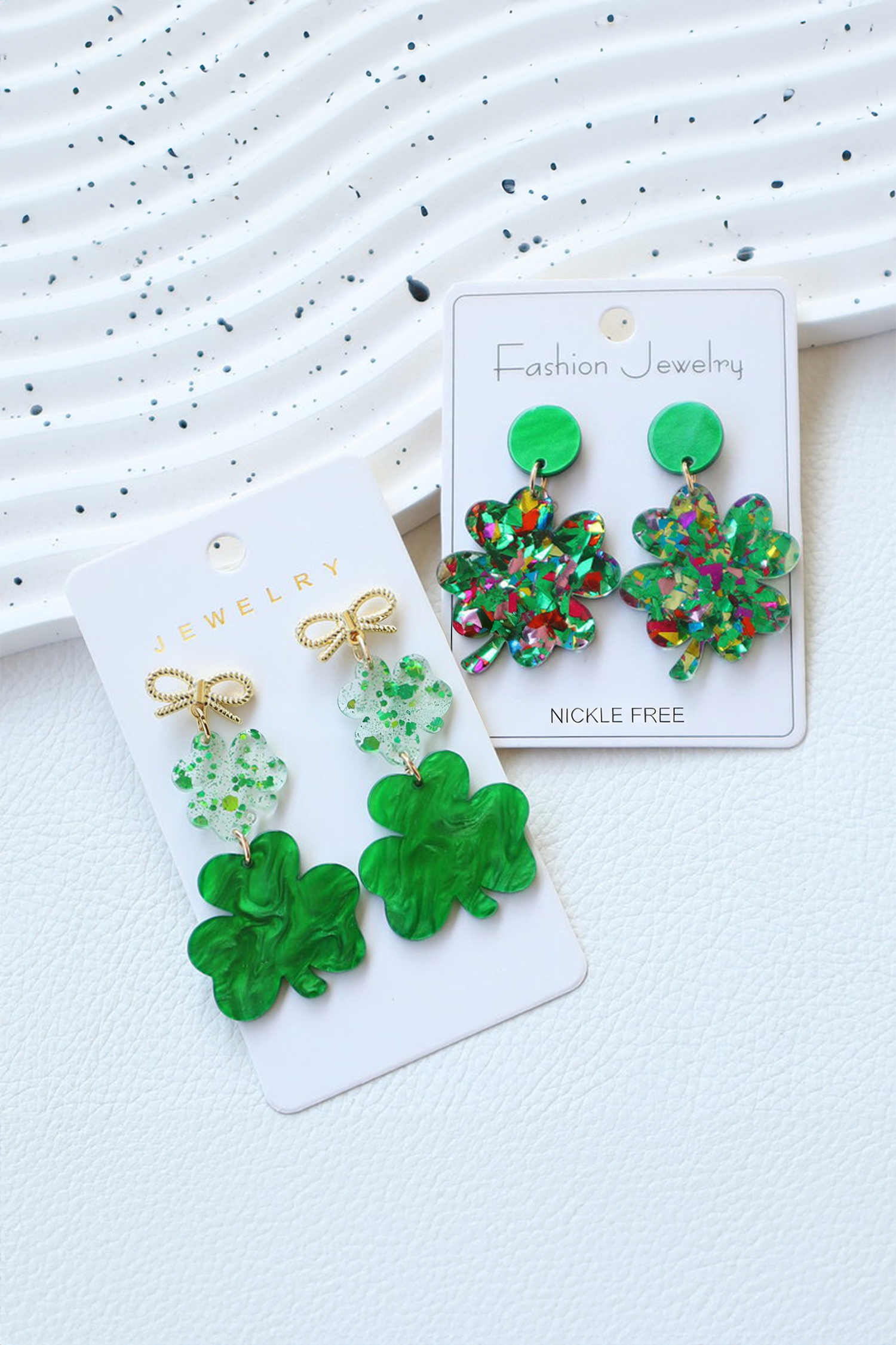 Green Double Clover Dangle Pendant Bow Stud Earrings - loveforevers