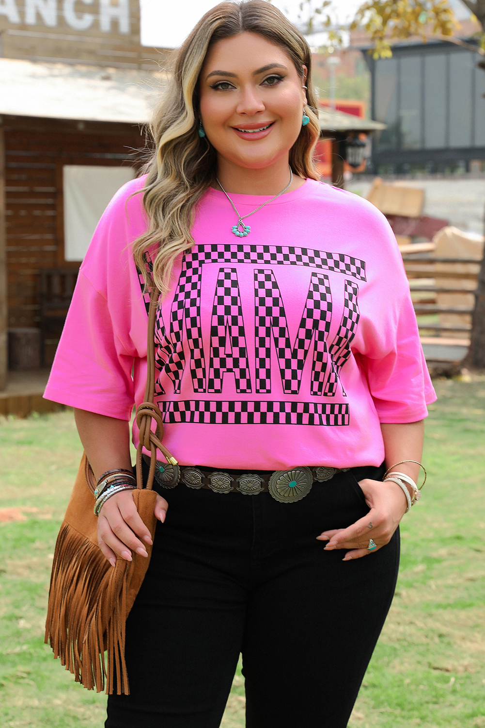 Bright Pink Checker MAMA Letter Printed Graphic Plus Size T Shirt - loveforevers