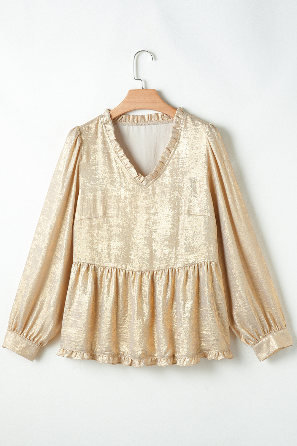 Dearlovers Gold Metallic Frilled V Neck Puff Sleeve Babydoll Blouse - loveforevers
