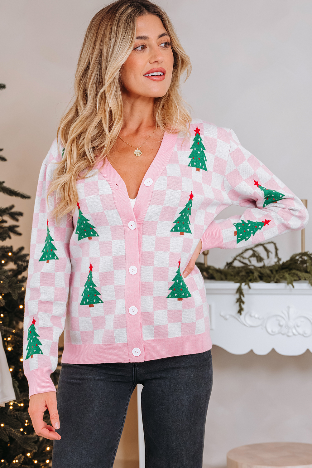 Pink Checkered Christmas Tree Pattern Button V Neck Cardigan Sweater - loveforevers