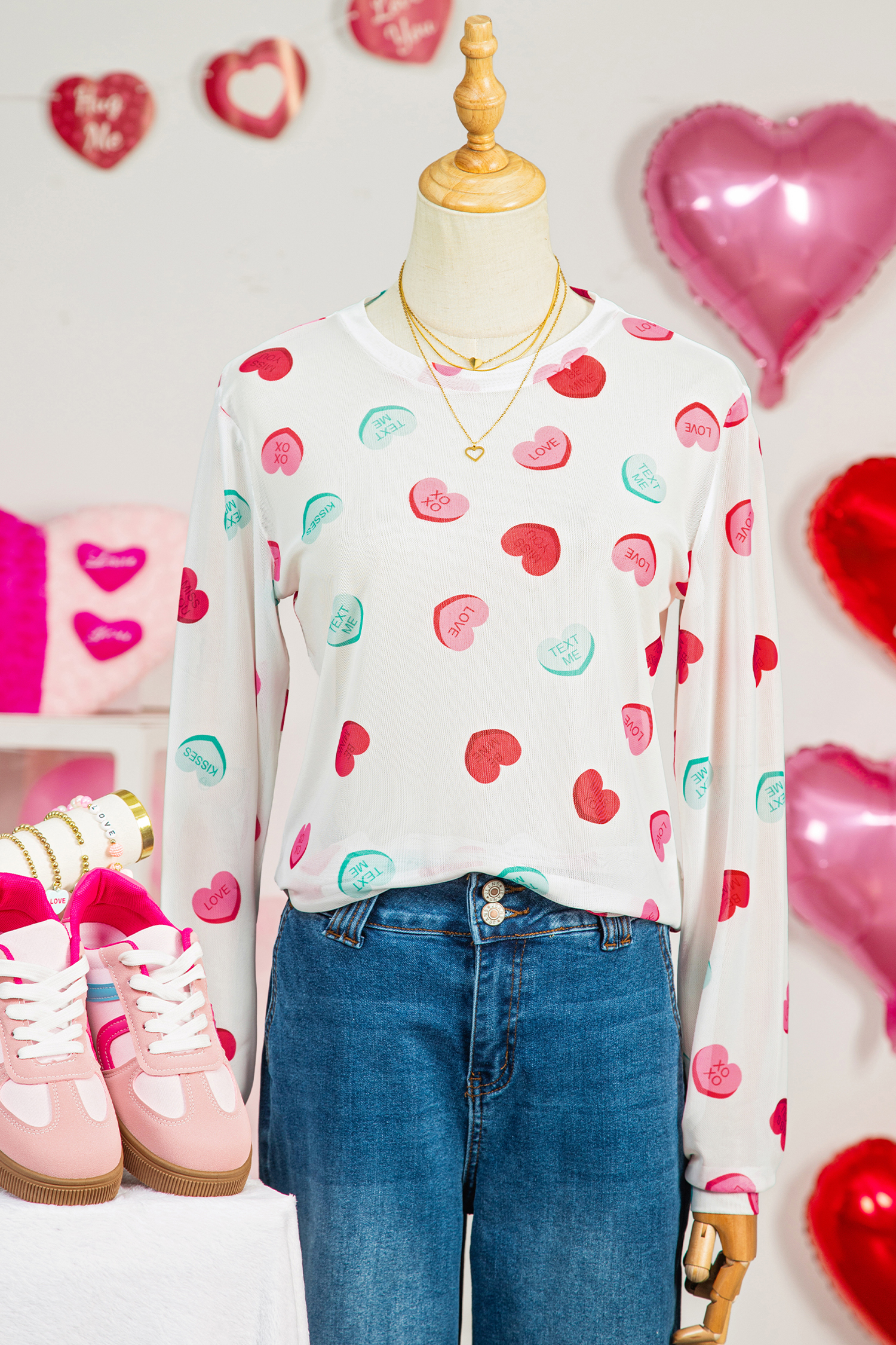 White Sheer Mesh Valentines Slogan Heart Printed Long Sleeve Top - loveforevers