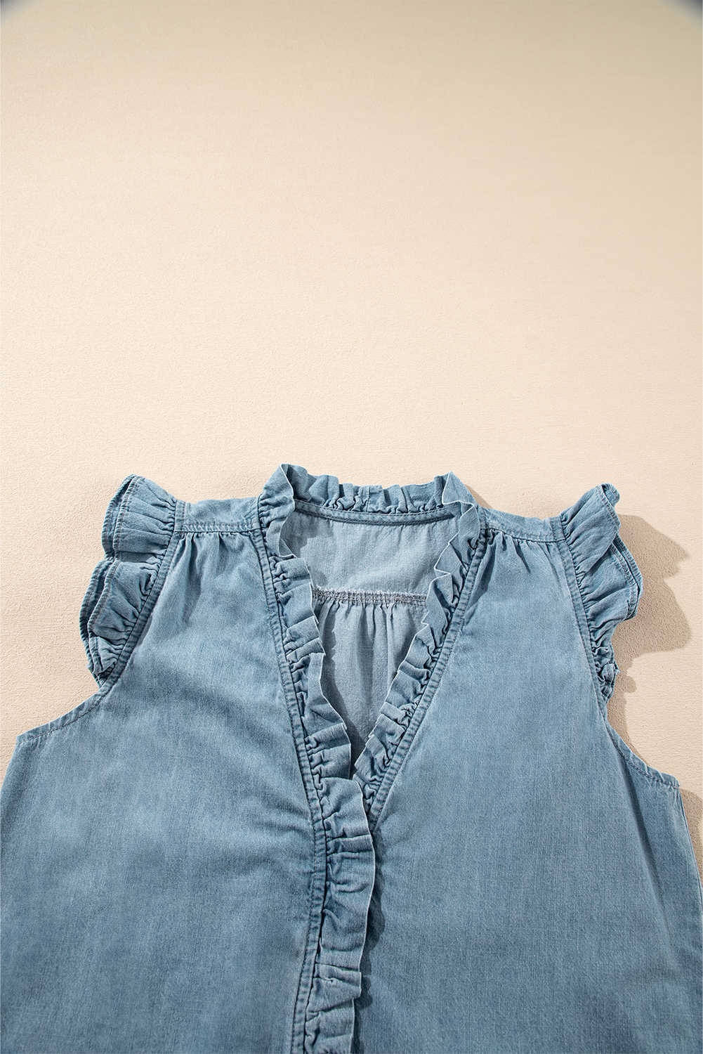 Beau Blue Frilly Ruffle Trim V Neck Chambray Tank Top - loveforevers