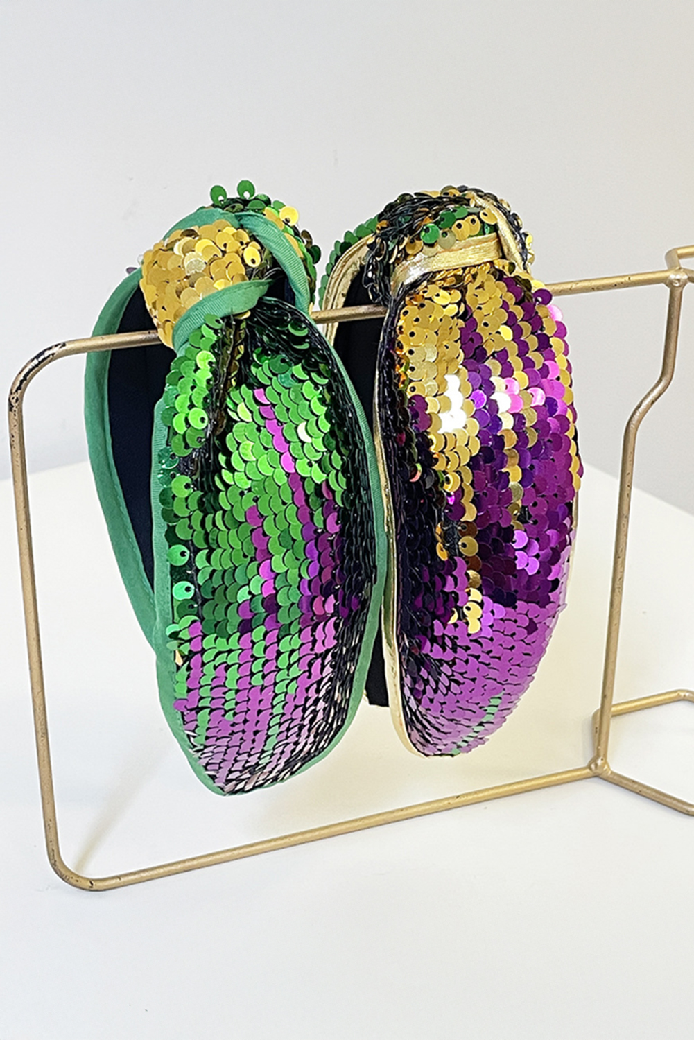 Gold Mardi Gras Sequined Knotted Wide Headband (Sequins Randomly Placed) - loveforevers
