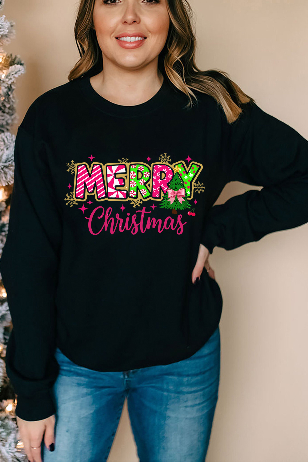 Black MERRY Christmas Playful Letter Print Drop Shoulder Sweatshirt - loveforevers