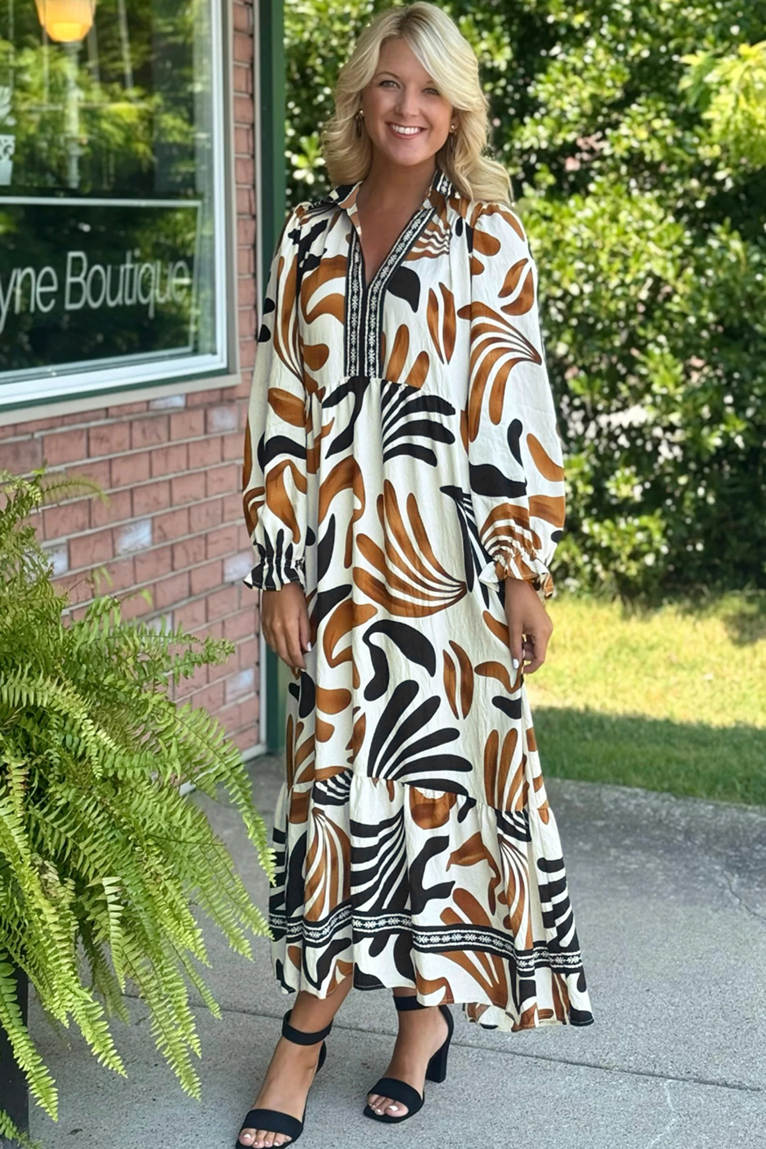Brown Tropical Printed Contrast Trim Neck Long Sleeve Ruffle Hem Dress - loveforevers