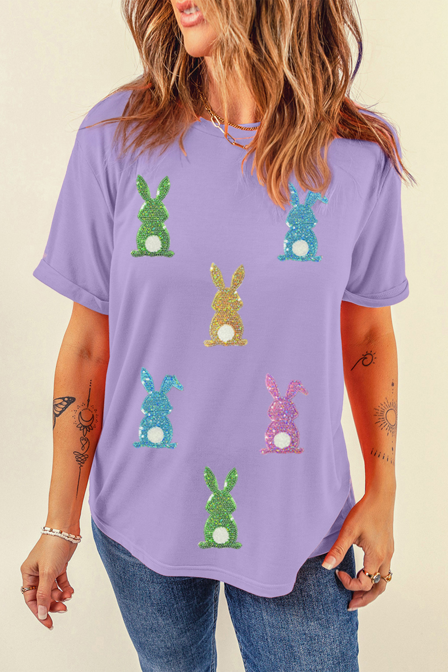 Wisteria Sequin Easter Bunny Patched Tee - loveforevers