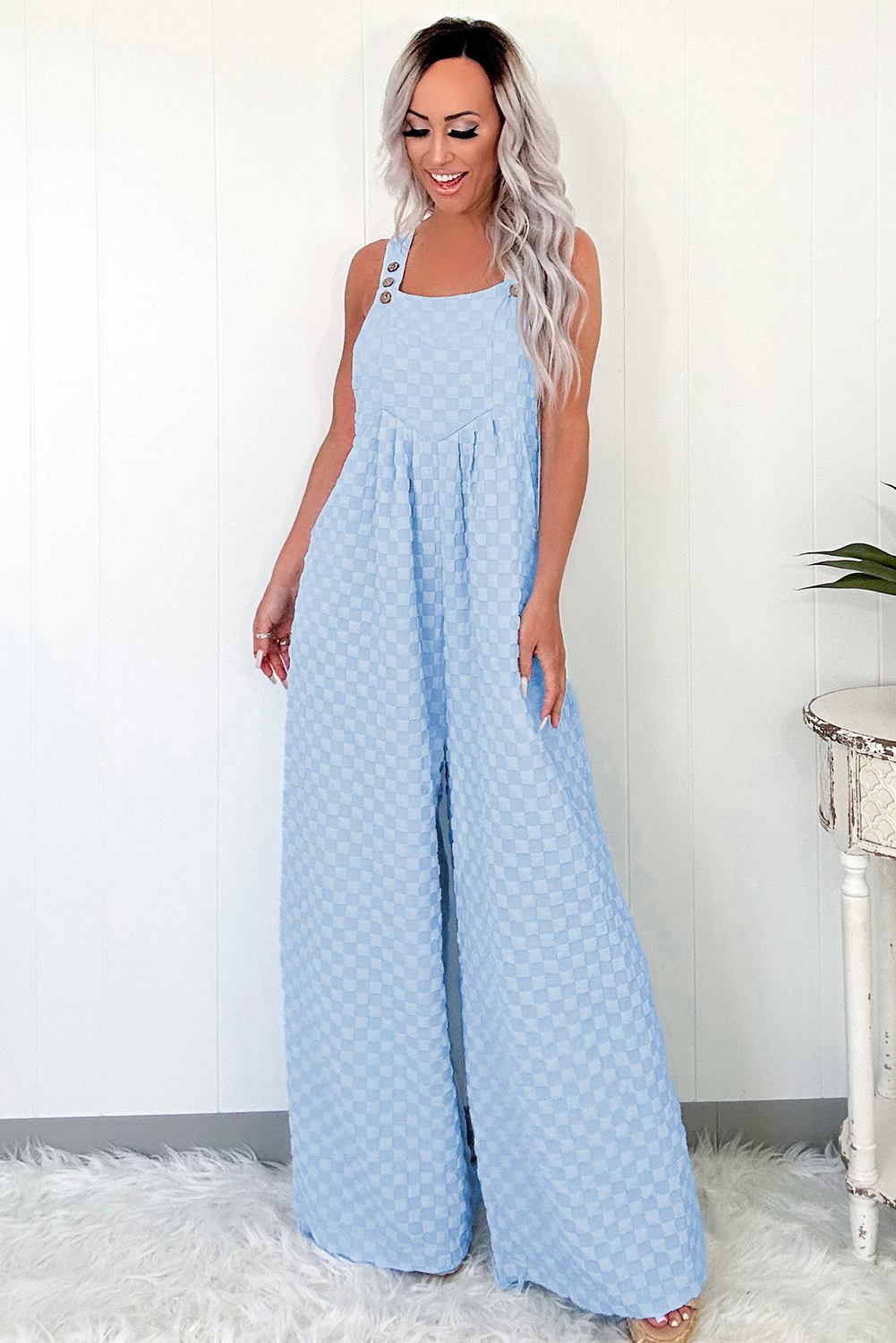 Beau Blue Checkered Pocketed High Waist Wide Leg Overall - loveforevers