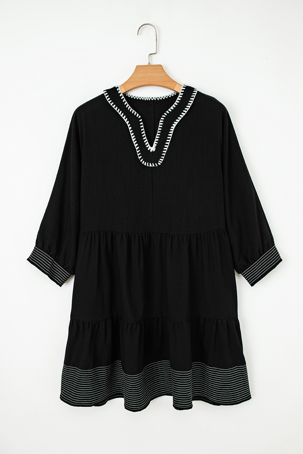 Black Contrast Stitched V Neck 3/4 Sleeve Tiered Mini Dress - loveforevers