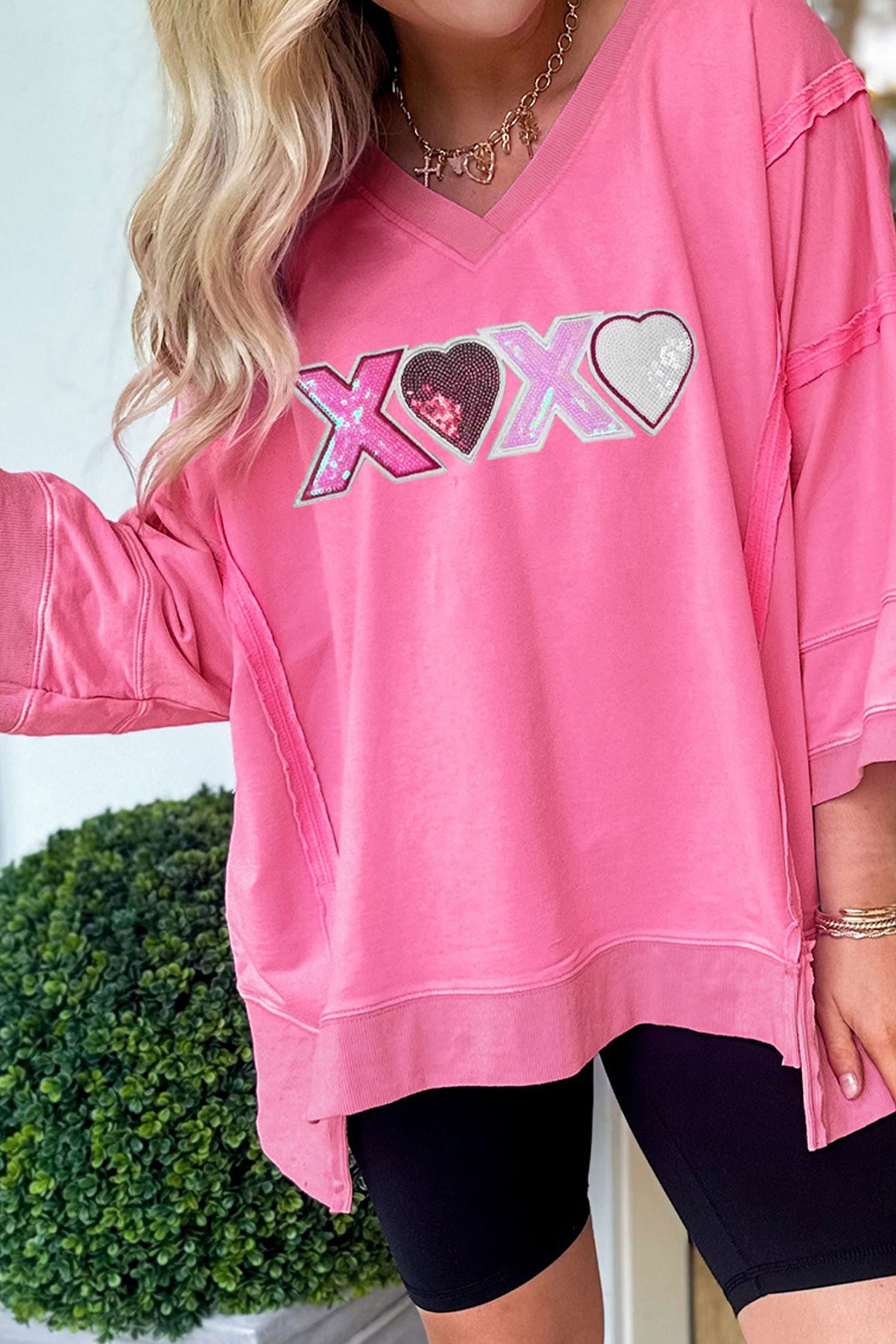 Bonbon Raw Seam Detail XOXO Sequin Patched Graphic V Neck 3/4 Sleeve Top - loveforevers