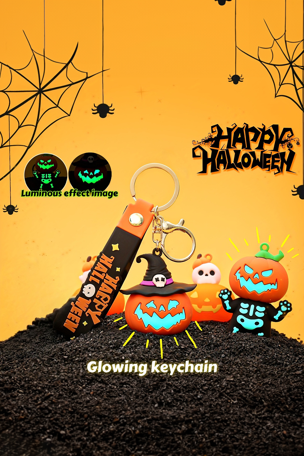 Orange HAPPY HALLOWEEN Evil Pumpkin Rubber Keychain - loveforevers