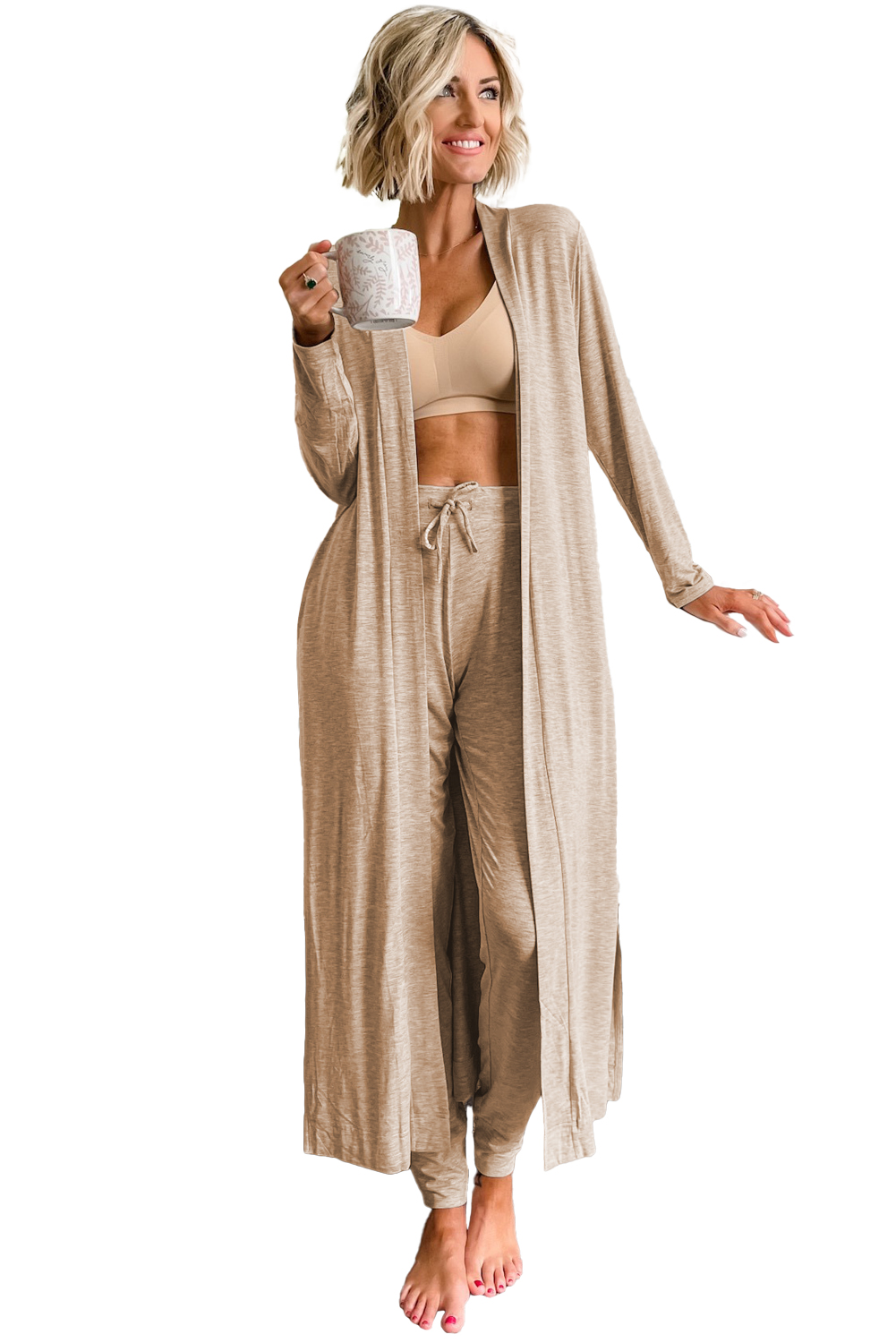 Parchment Split Long Cardigan and Skinny Pants Lounge Set - loveforevers