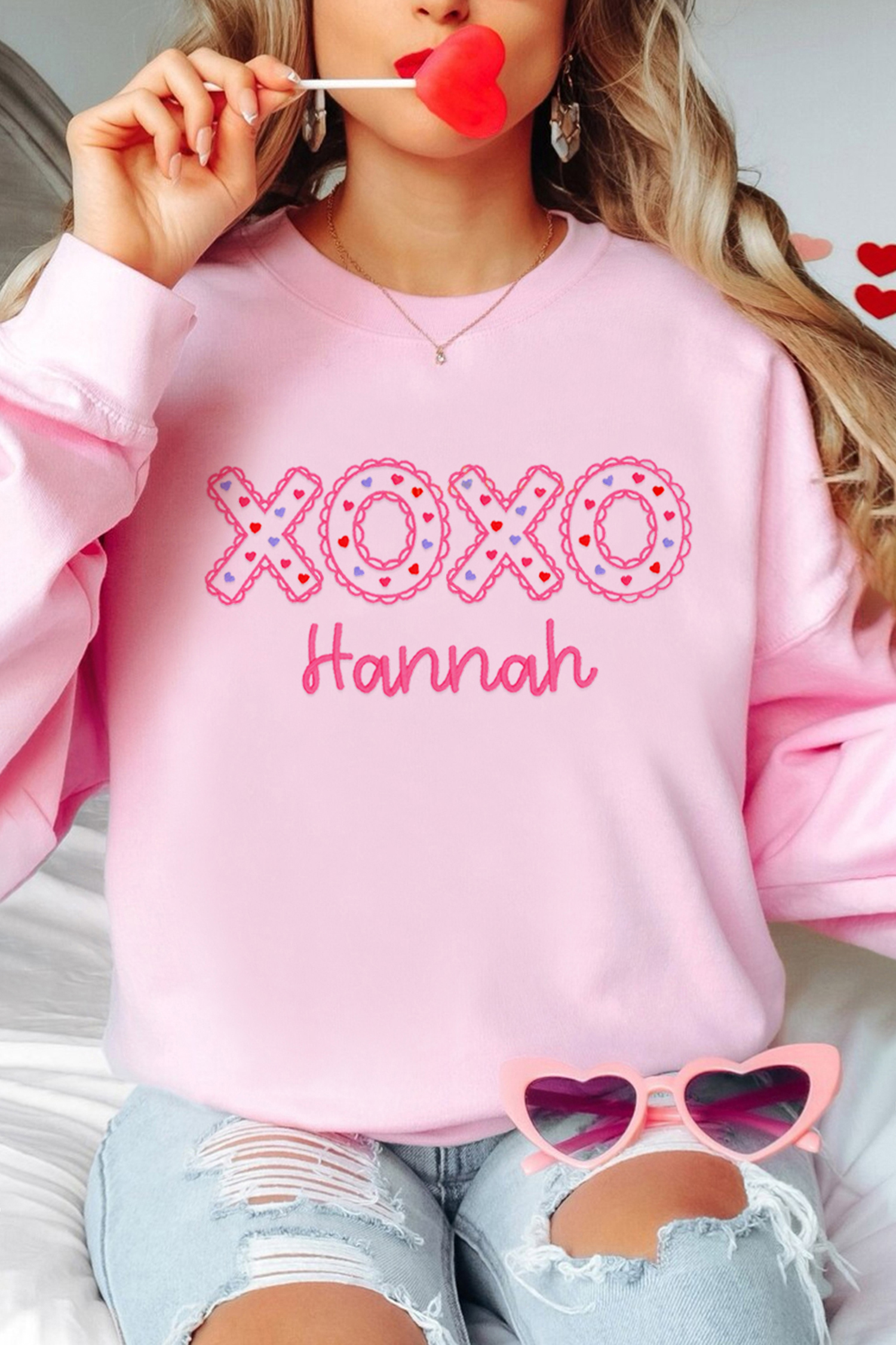 Pink Playful XOXO Letter Embroidered Hannah Pullover Sweatshirt - loveforevers