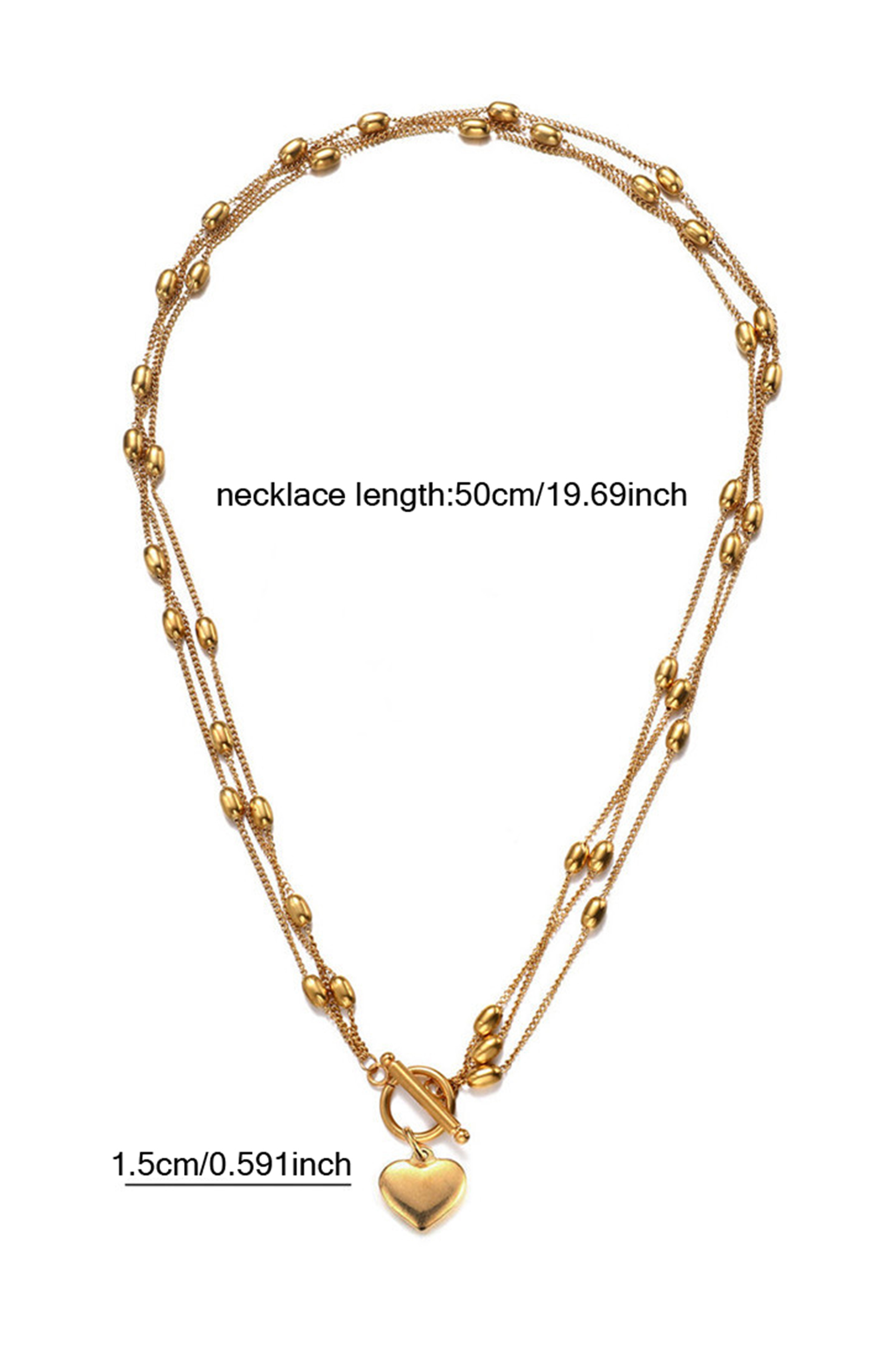 Gold Heart Toggle Charm Beaded Chain Triple Layered Necklace - loveforevers