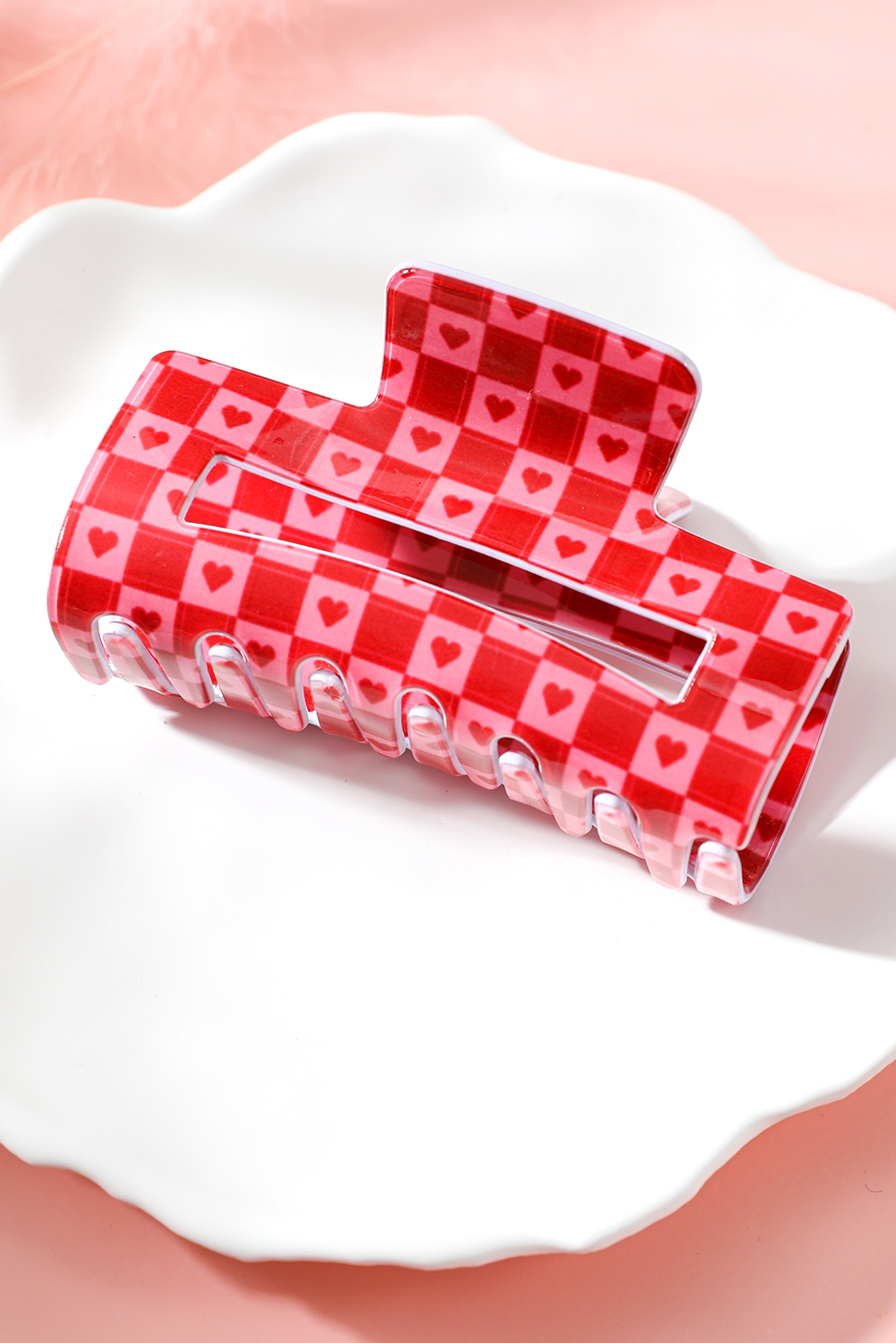 Racing Red Heart Checkered Print Cut Out Hair Claw Clip - loveforevers