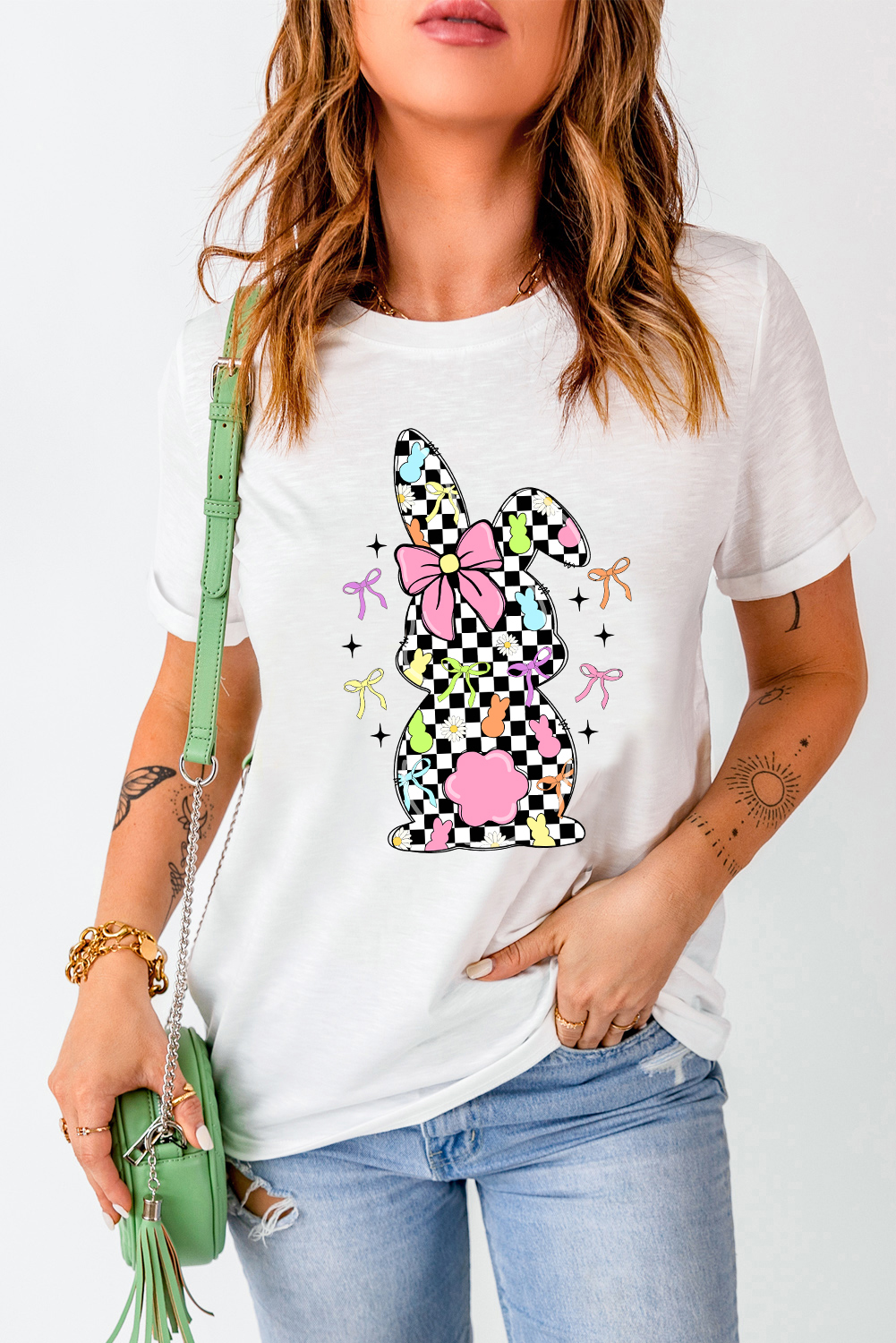 White Bowknot Checkerboard Bunny Graphic Easter T Shirt - loveforevers