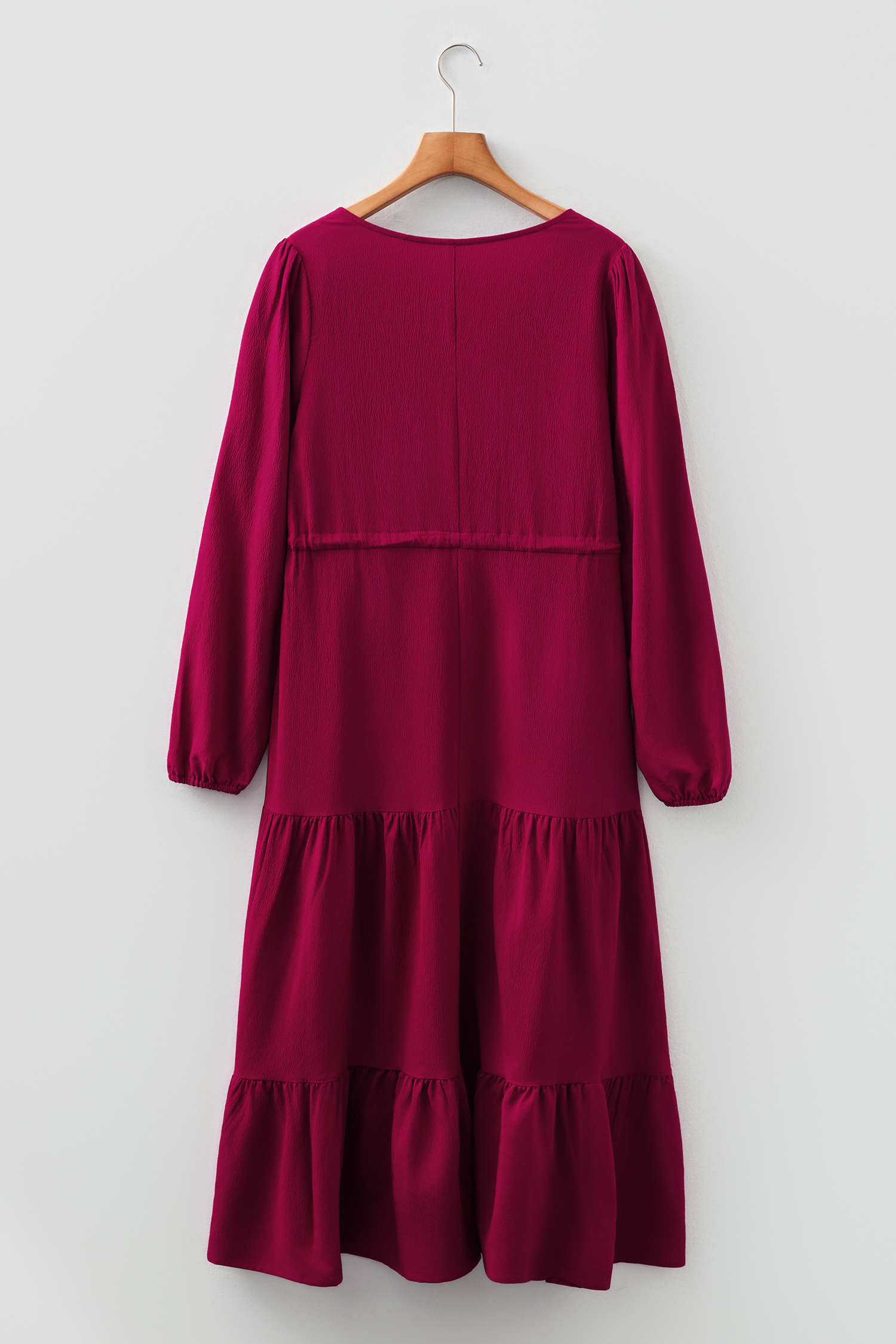 Blackish Green Solid Long Sleeve Button V Neck Tiered Maxi Dress - loveforevers