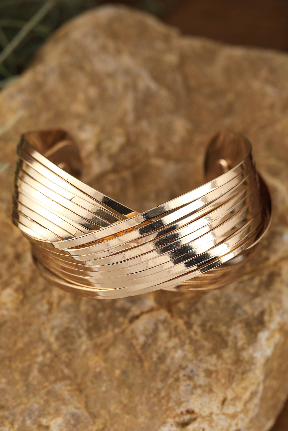 Gold Textured Crossover Metal Cuff Bracelet - loveforevers