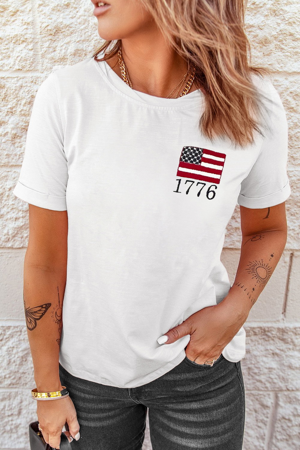 White American Flag 1776 Embroidered Pattern Crew Neck Tee - loveforevers