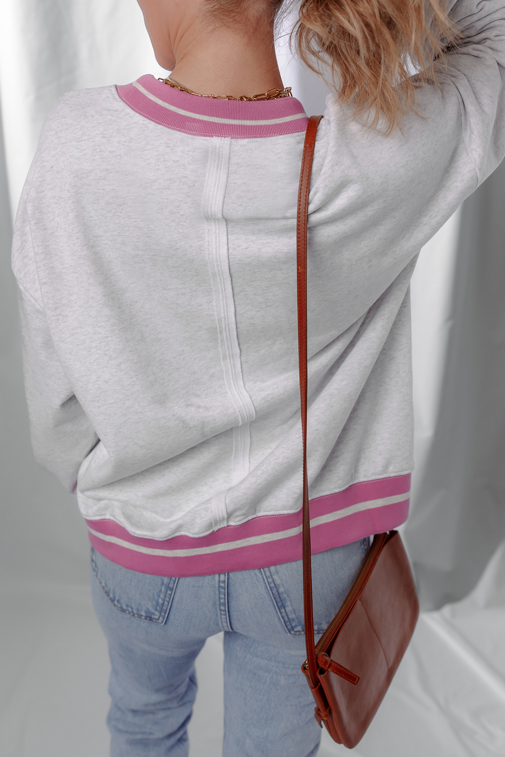 Gray Flower Patch Contrast Trim Crew Neck Sweatshirt - loveforevers