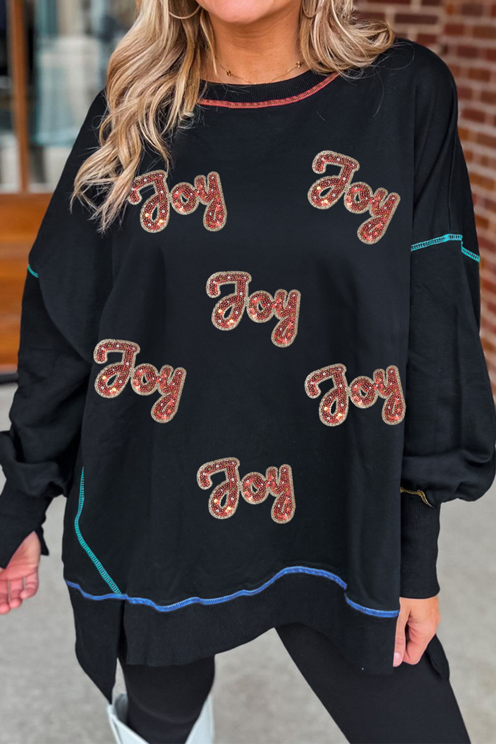 Black Sequin Joy Letter Graphic Contrast Seam Detail Drop Shoulder Sweatshirt - loveforevers
