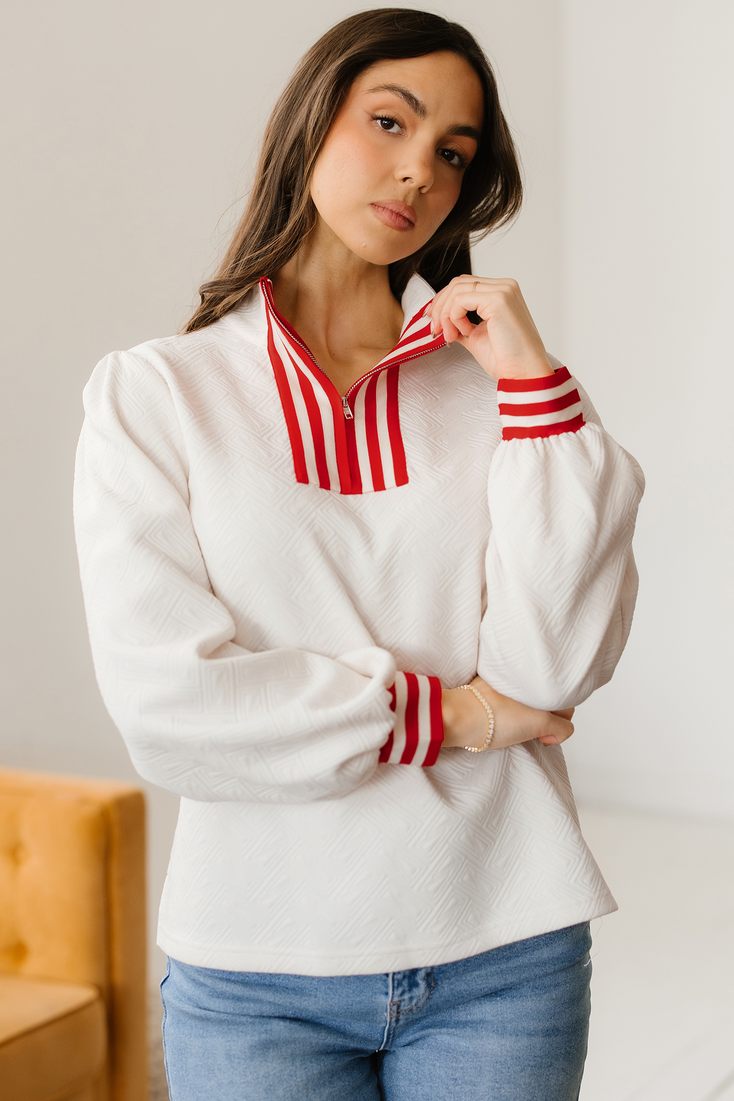 White Textured Knit Contrast Striped Accent Zipped Collar Pullover Top - loveforevers