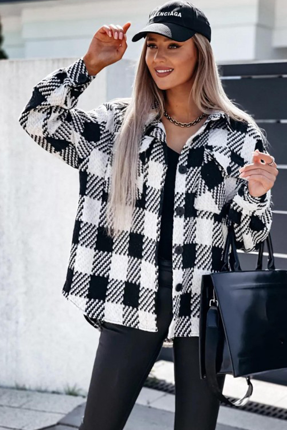 Black Plaid Textured Flap Pocket Shacket - loveforevers