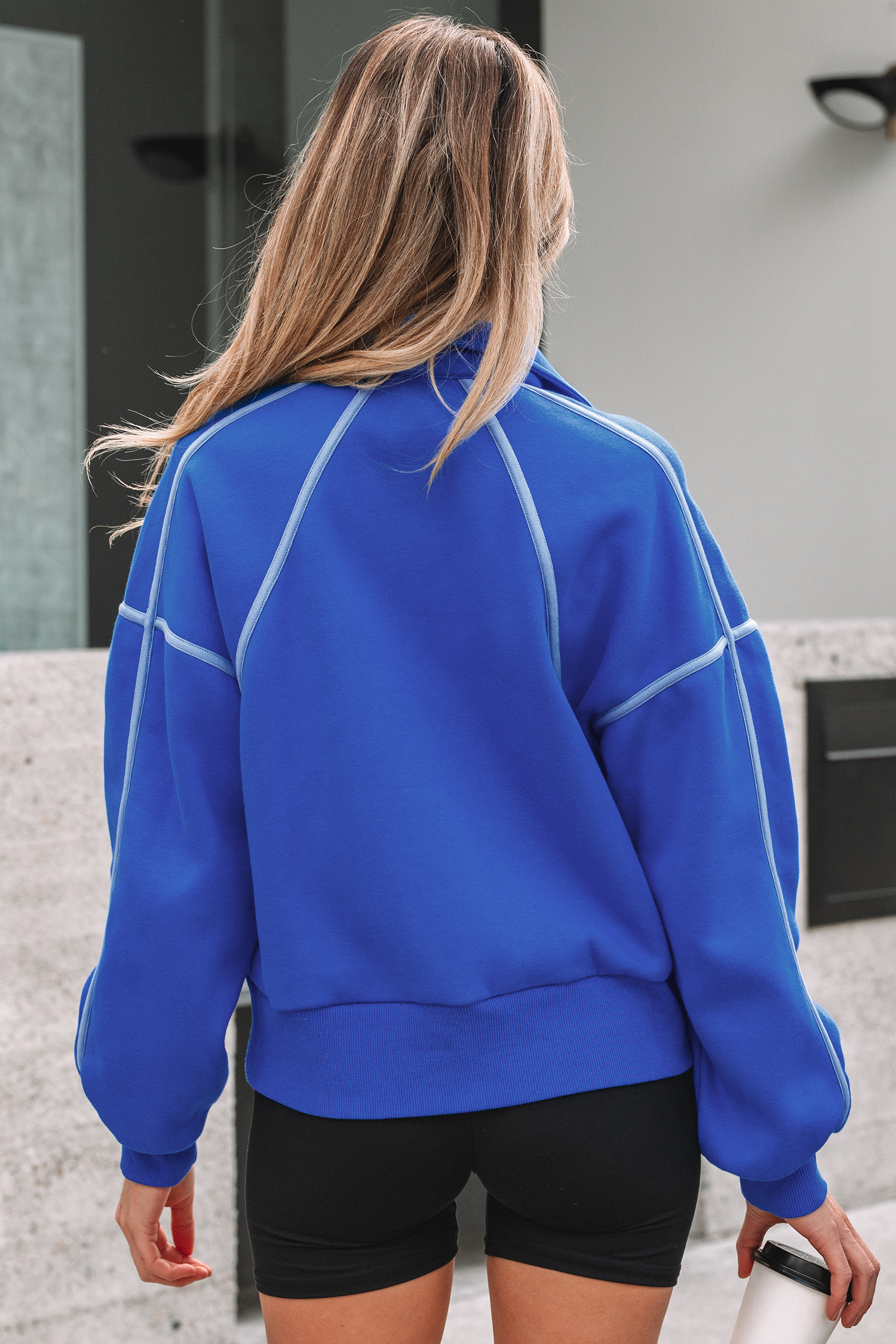 Sky Blue Button up Collared Exposed Seam Chic Sweatshirt - loveforevers