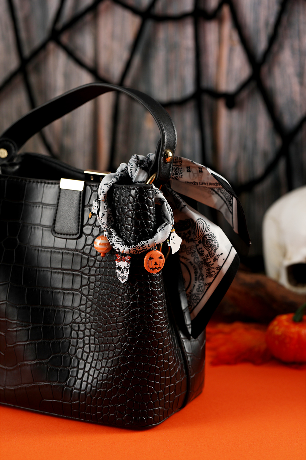 White Boho Printed Knot Scarf Halloween Pumpkin Ghost Charm Necklace - loveforevers