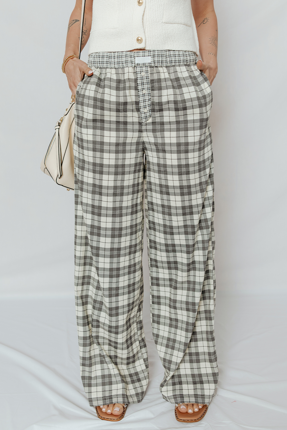 Gray Plaid Wide Leg Casual Pants - loveforevers