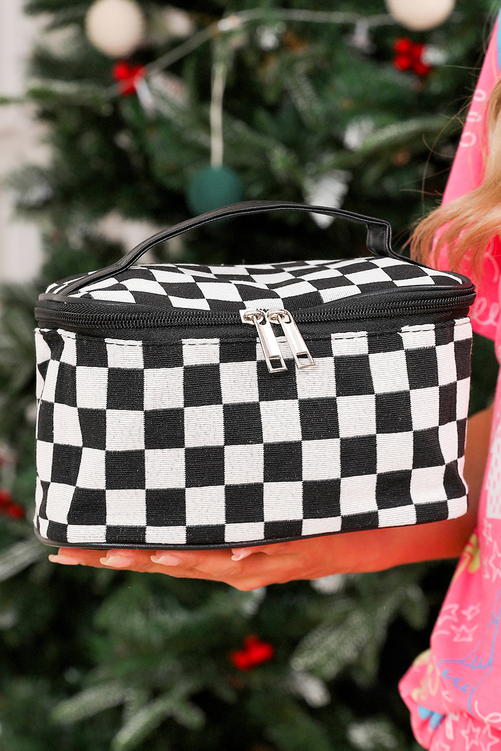 Black Checkered Zipper Large Cosmetic Bag with Handle - loveforevers
