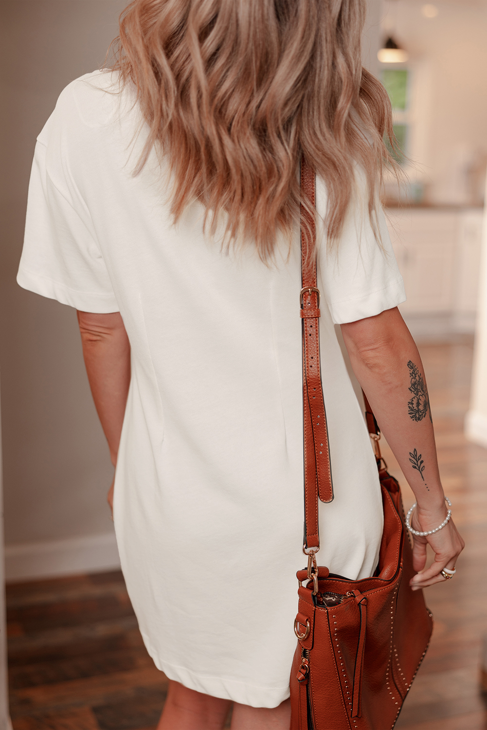 White Drop Shoulder Crew Neck Shift T Shirt Dress - loveforevers