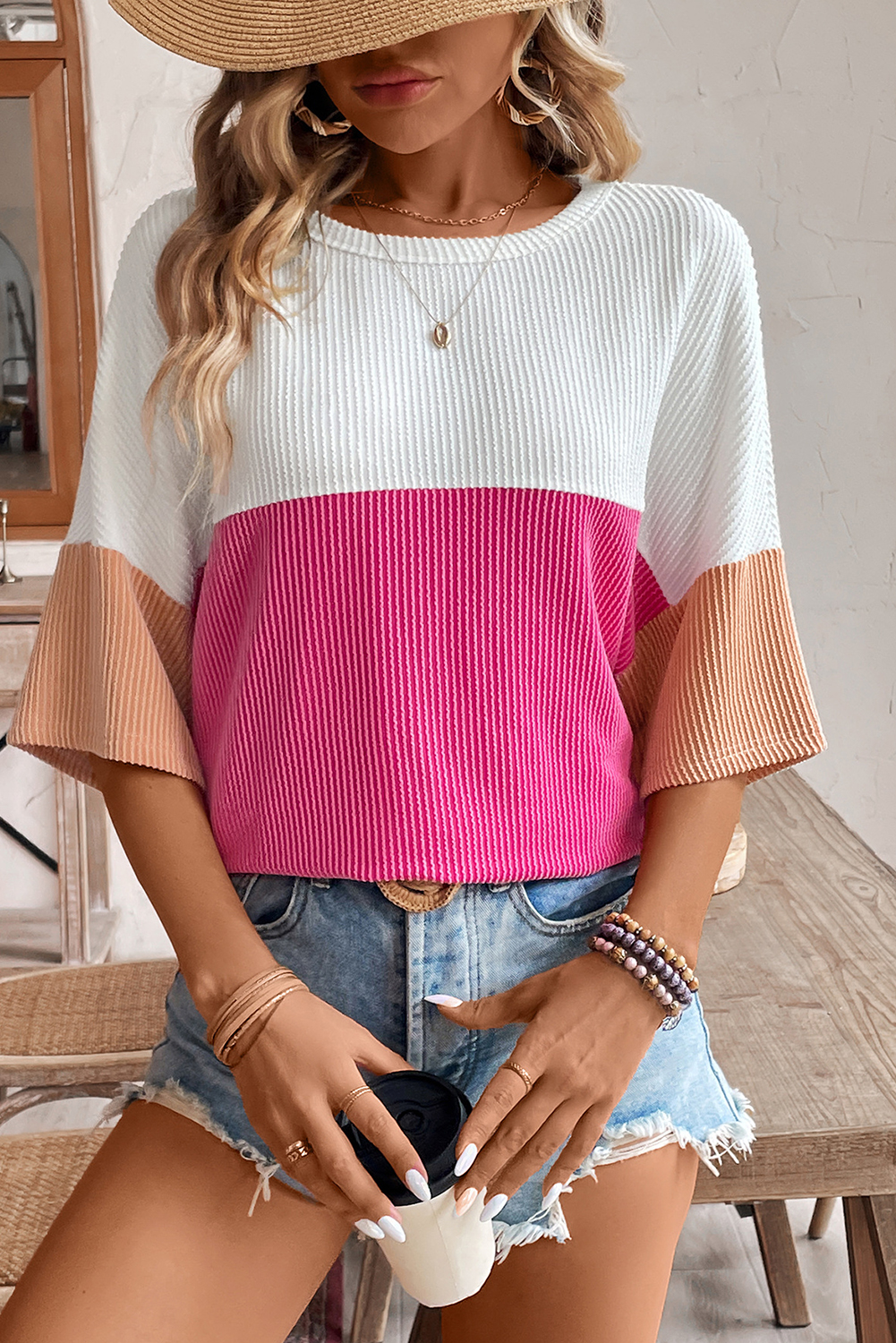 Strawberry Pink Colorblock Corded Drop Shoulder Short Sleeve Top - loveforevers