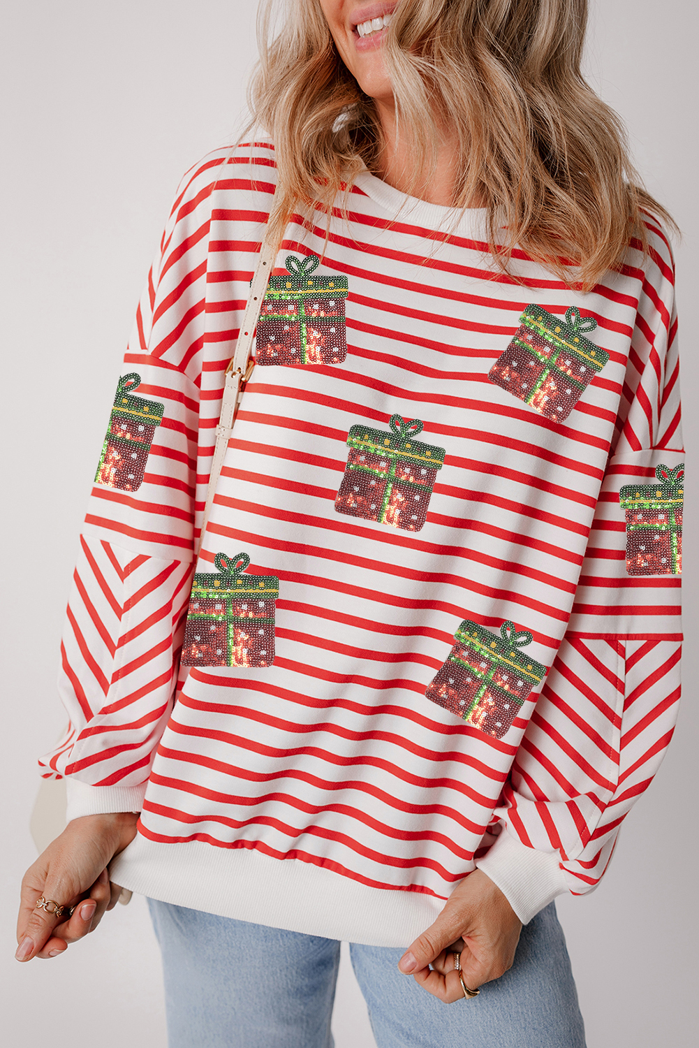 Orange Stripe Sequin Christmas Gift Patched Drop Shoulder Sweatshirt - loveforevers