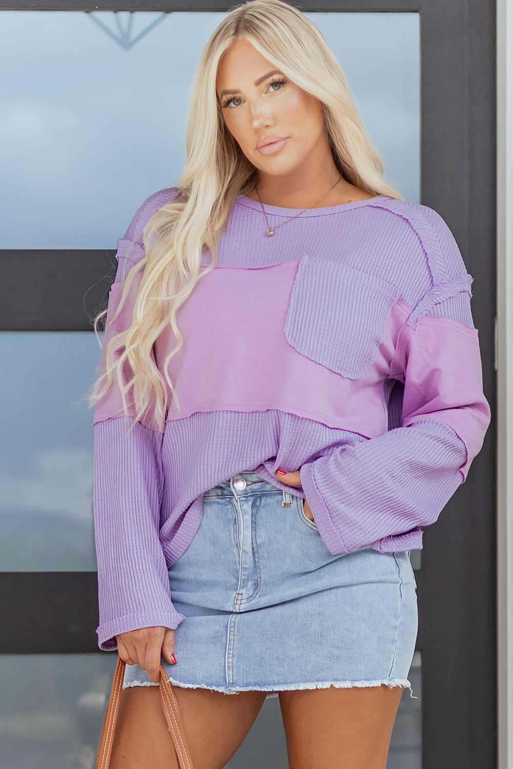 Phalaenopsis Thermal Knit Contrast Textured Patchwork Long Sleeve Top - loveforevers