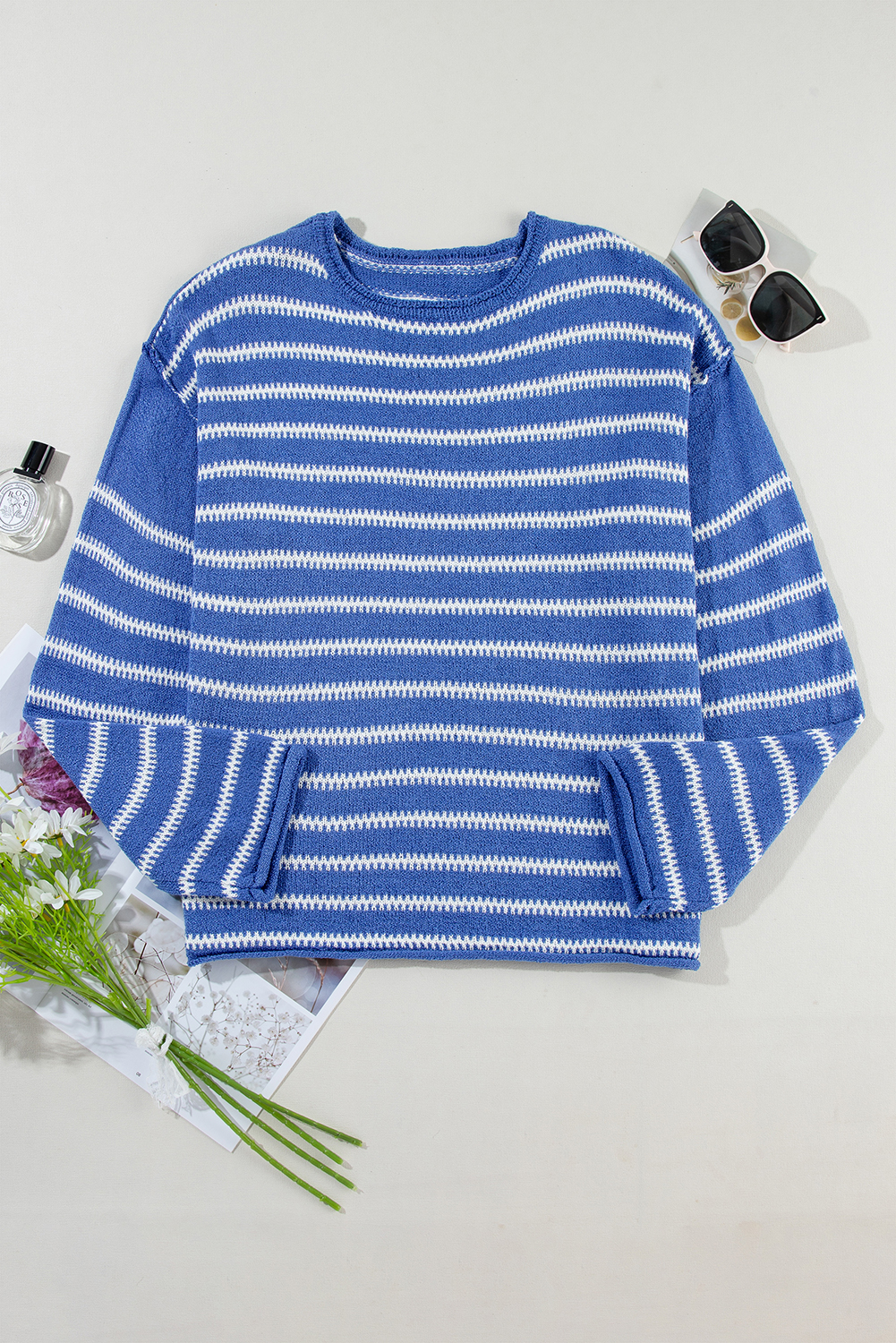 Sky Blue Stripe Drop Shoulder Casual Sweater - loveforevers