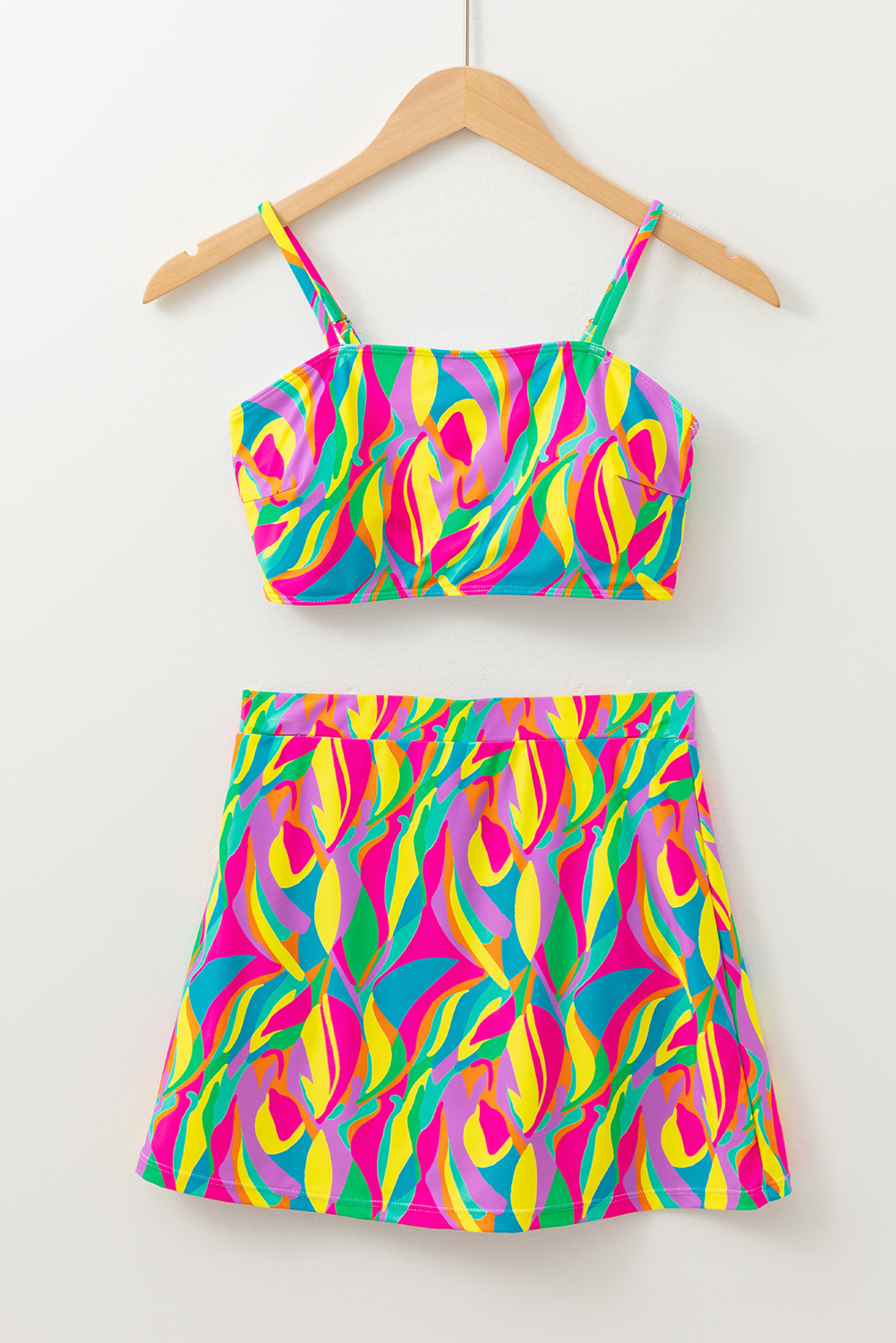 Multicolour Abstract Print Textured Spaghetti Strap High Waist Bikini Set - loveforevers
